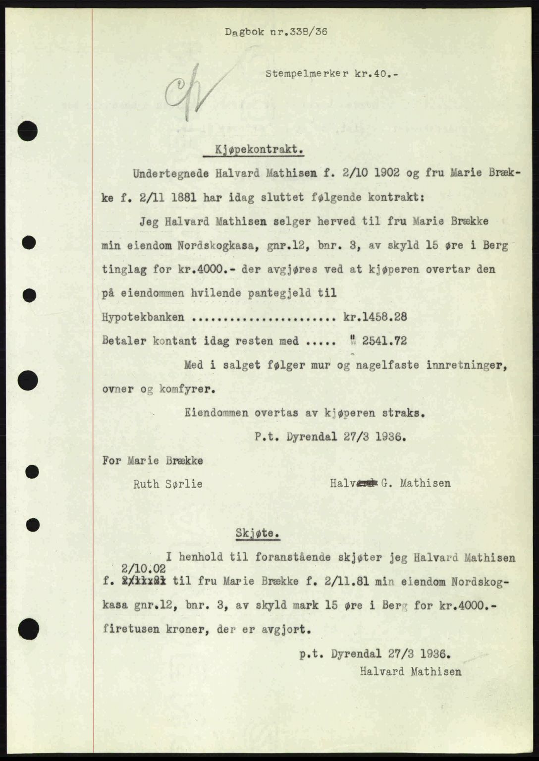 Idd og Marker sorenskriveri, AV/SAO-A-10283/G/Gb/Gbb/L0001: Mortgage book no. A1, 1936-1937, Diary no: : 338/1936