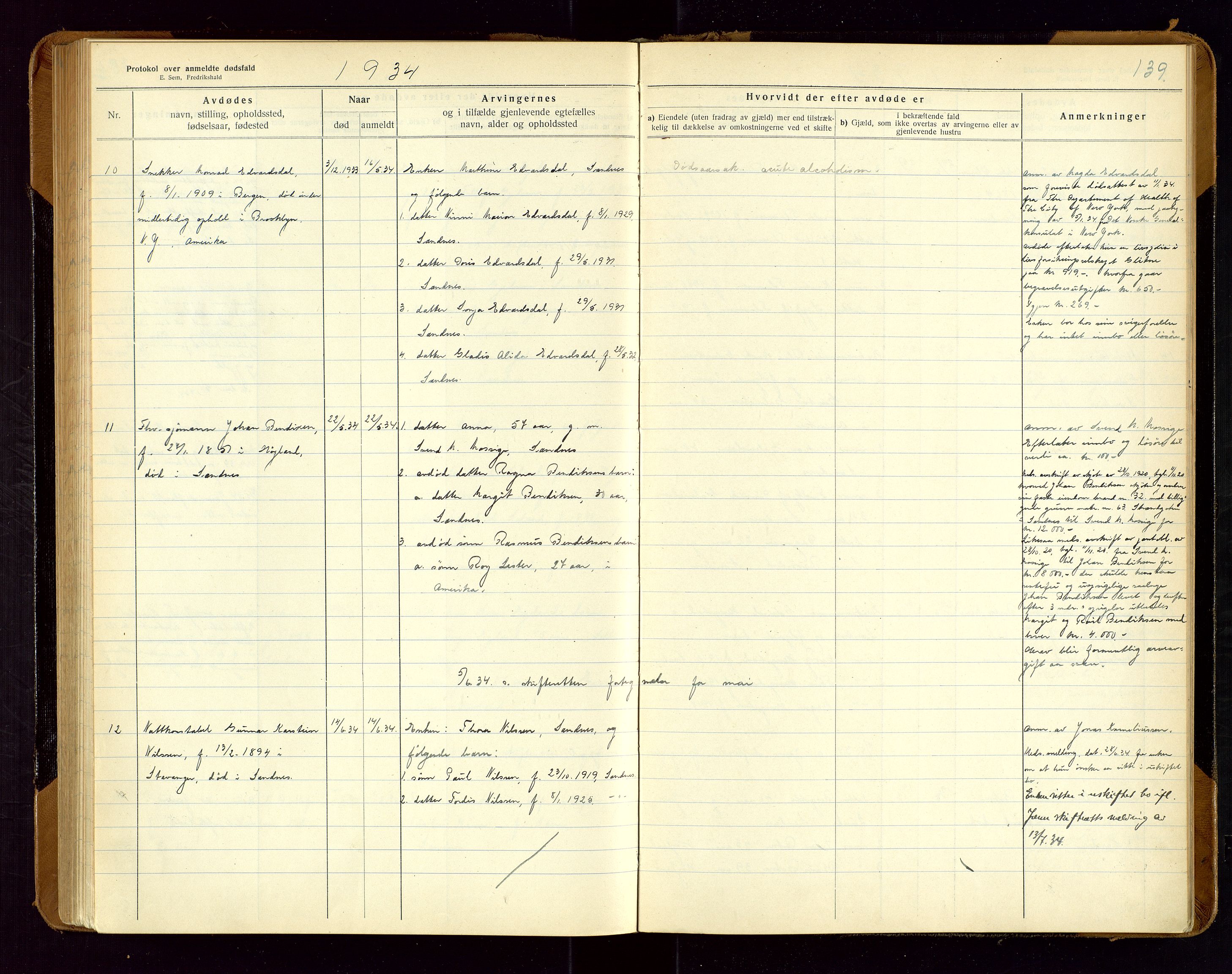 Sandnes lensmannskontor, AV/SAST-A-100167/Gga/L0001: "Protokol over anmeldte dødsfald" m/register, 1918-1940, p. 139