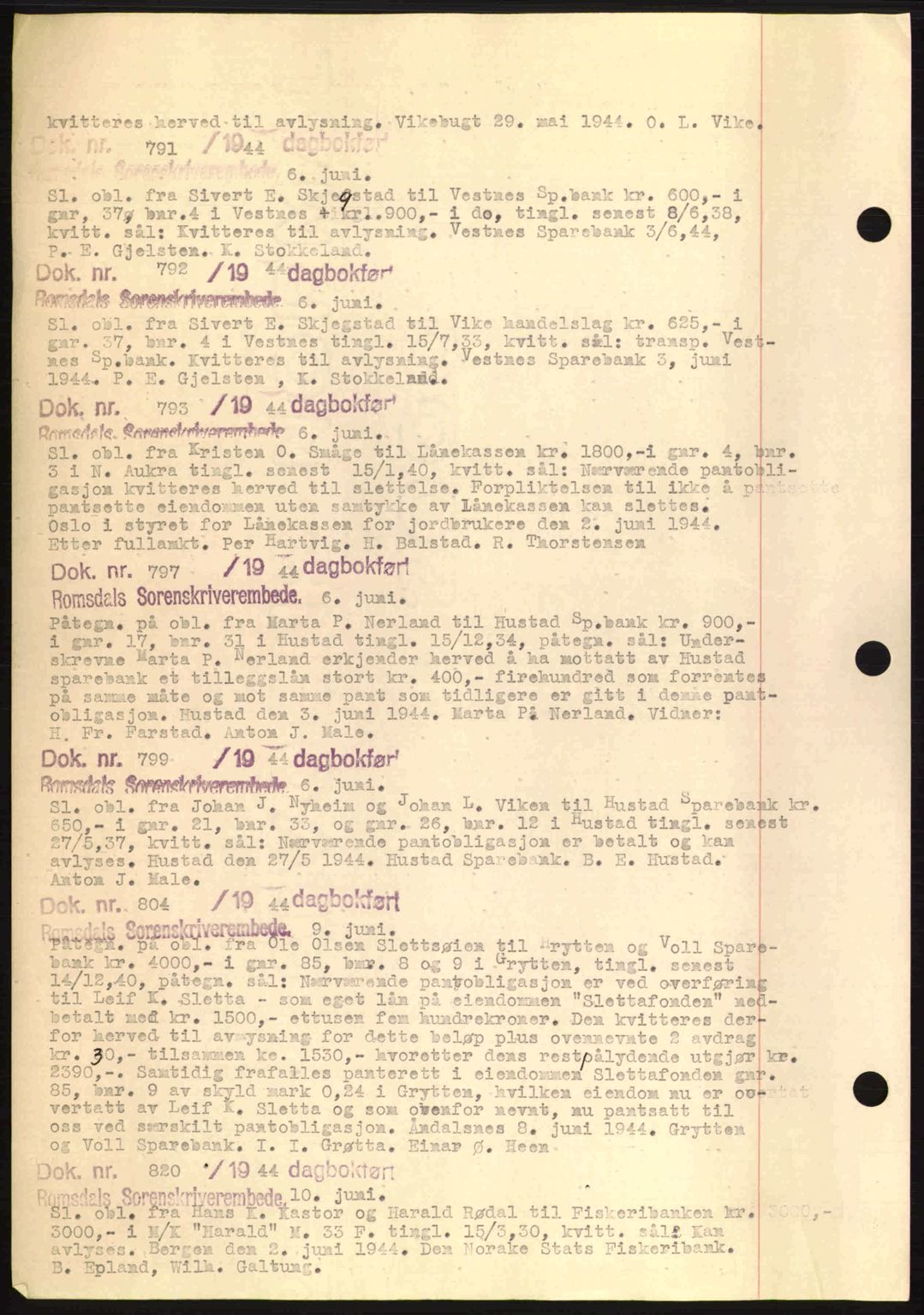 Romsdal sorenskriveri, AV/SAT-A-4149/1/2/2C: Mortgage book no. C1a, 1936-1945, Diary no: : 791/1944