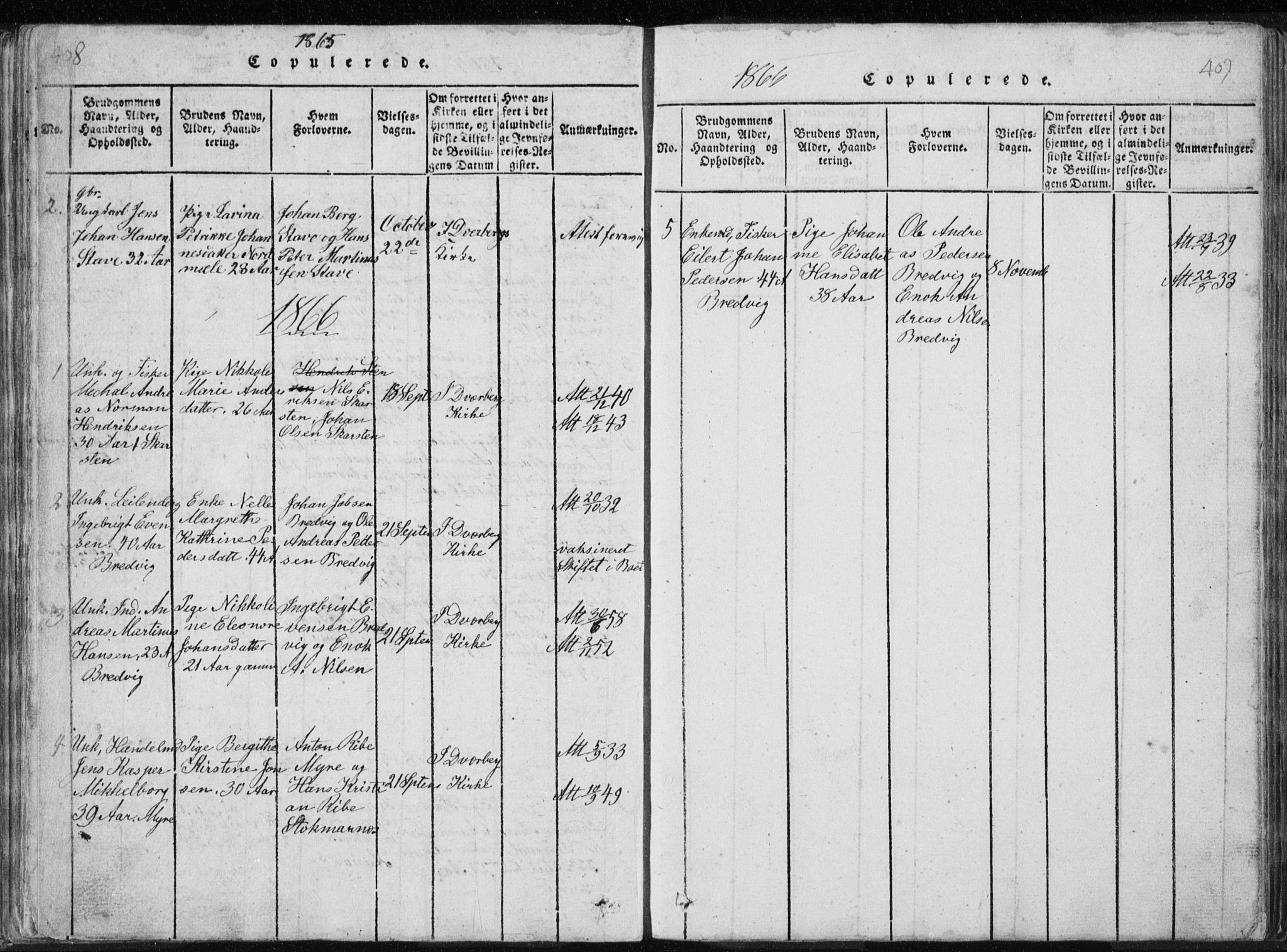 Ministerialprotokoller, klokkerbøker og fødselsregistre - Nordland, AV/SAT-A-1459/897/L1411: Parish register (copy) no. 897C01, 1820-1866, p. 408-409