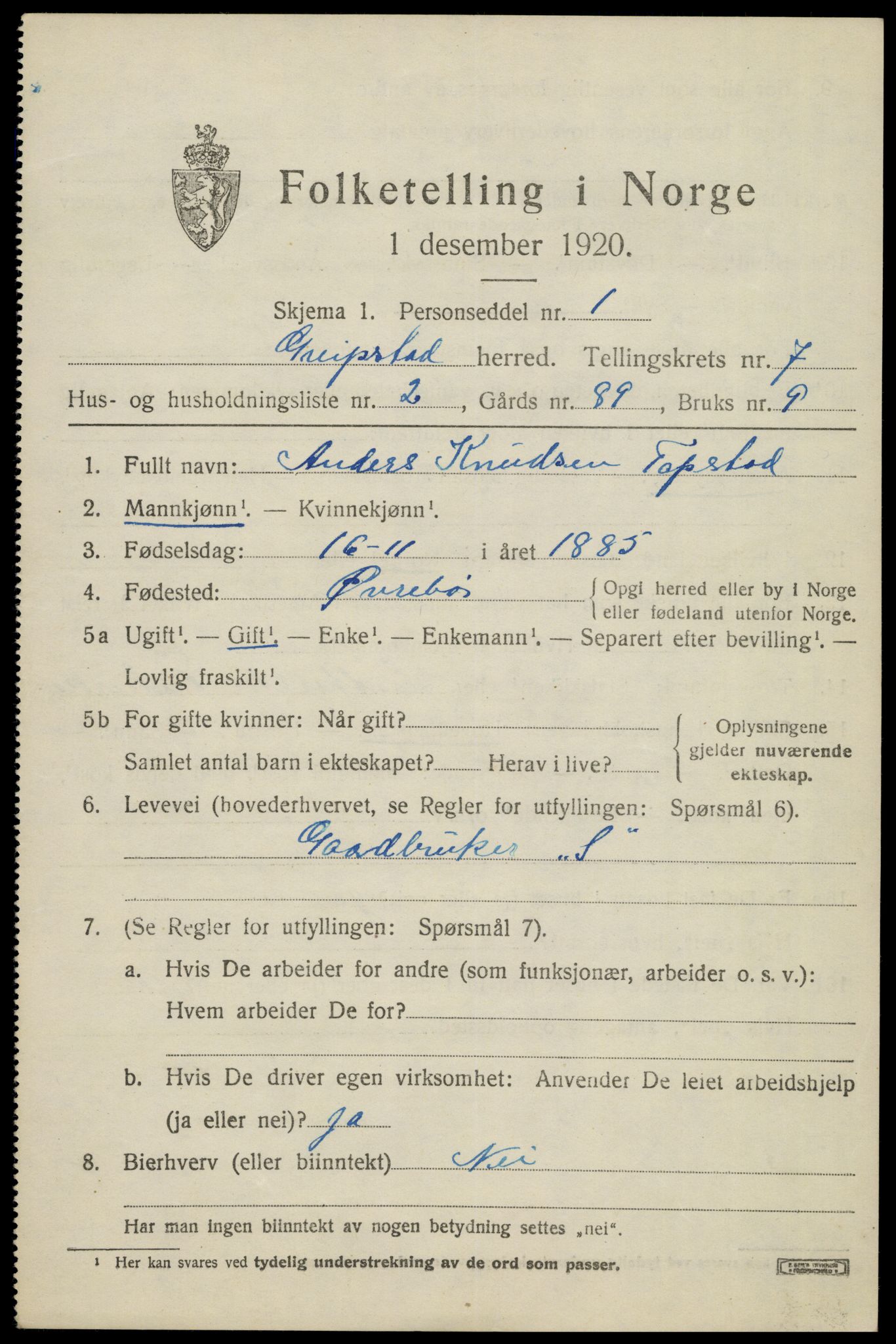 SAK, 1920 census for Greipstad, 1920, p. 2118