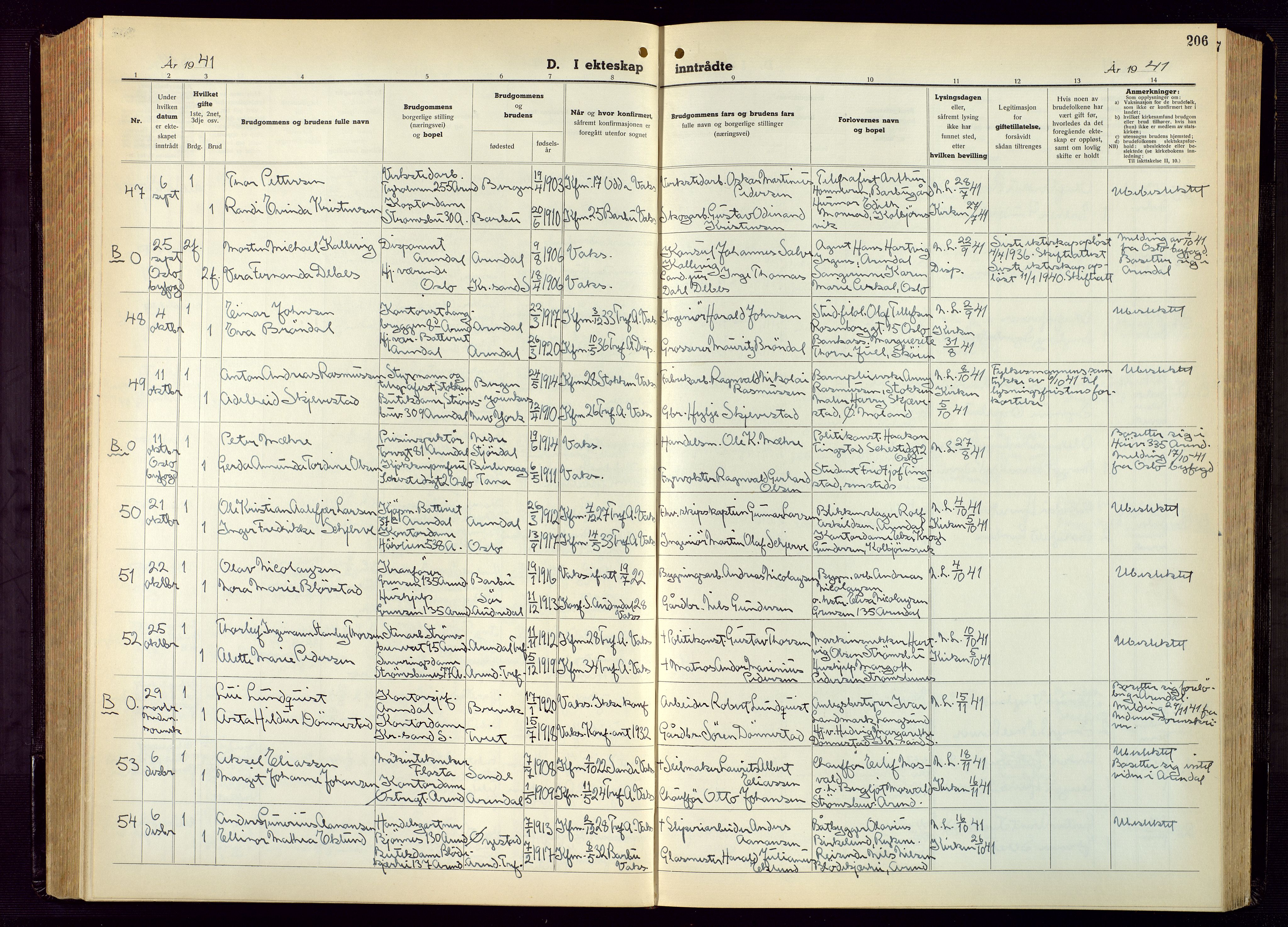 Arendal sokneprestkontor, Trefoldighet, AV/SAK-1111-0040/F/Fb/L0009: Parish register (copy) no. B 9, 1940-1949, p. 206