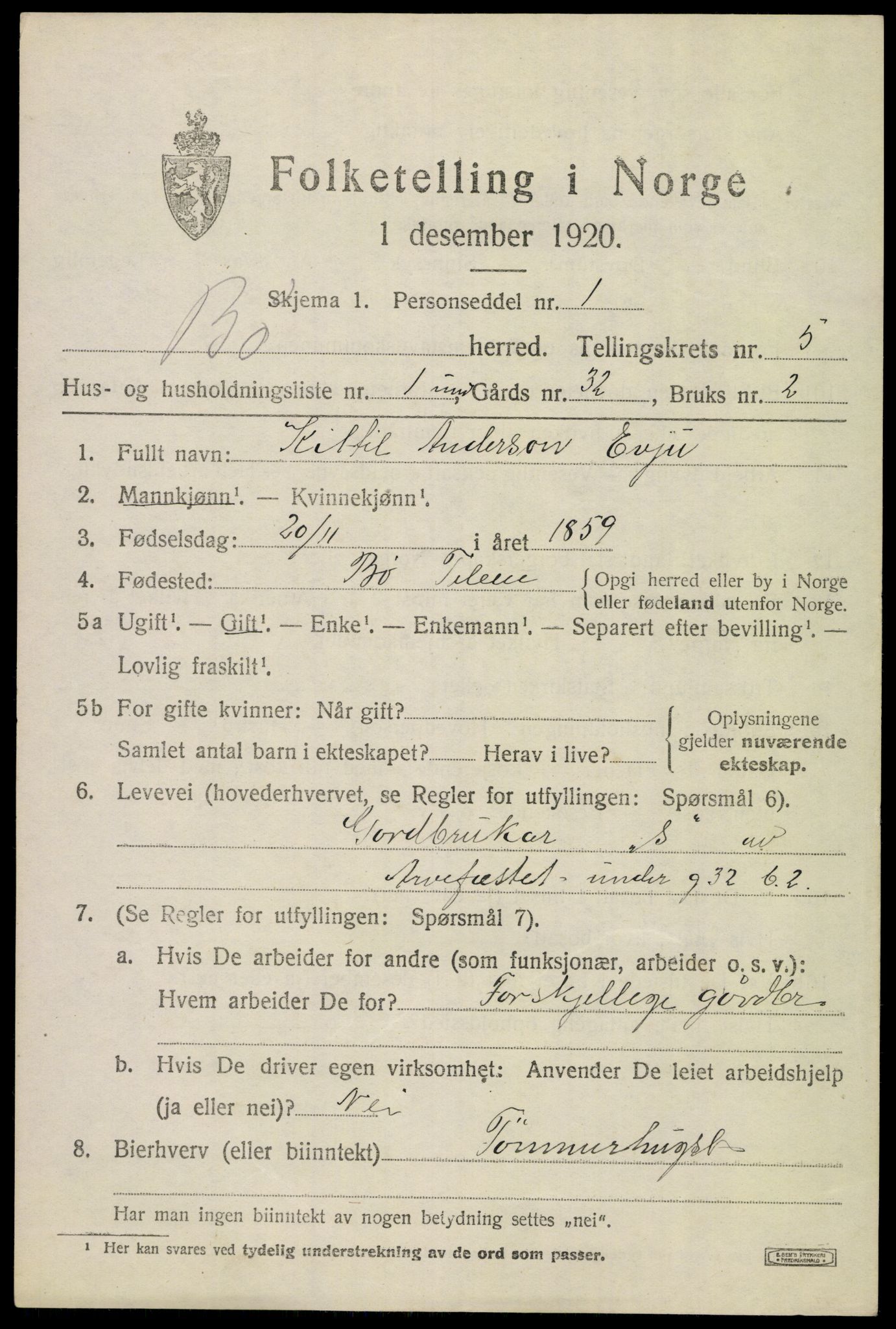 SAKO, 1920 census for Bø (Telemark), 1920, p. 3598