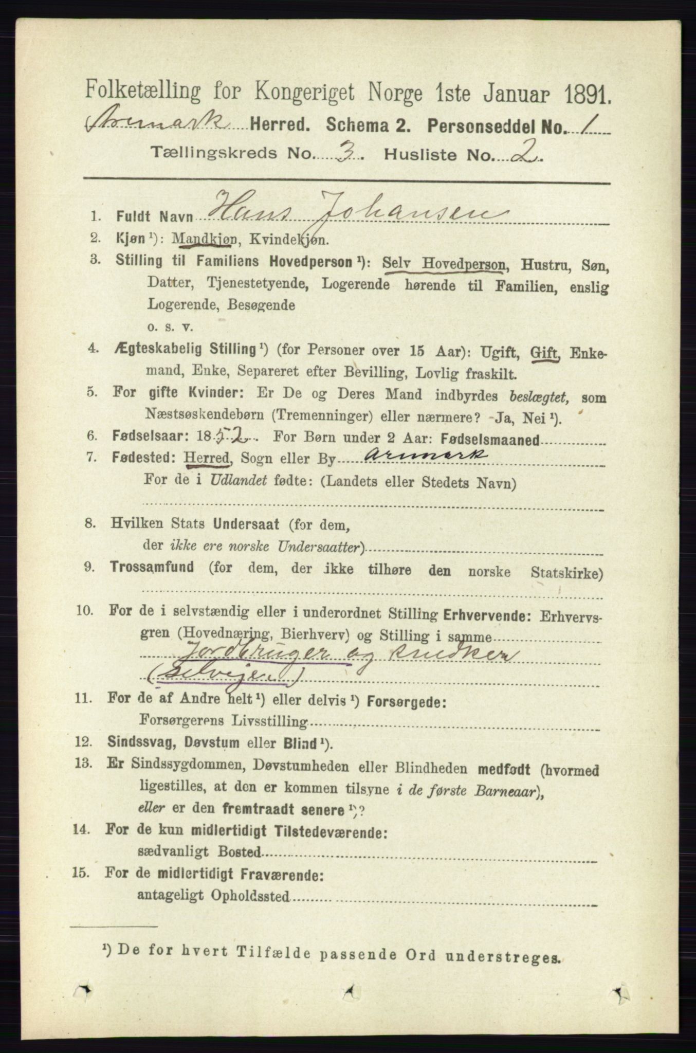 RA, 1891 census for 0118 Aremark, 1891, p. 1415