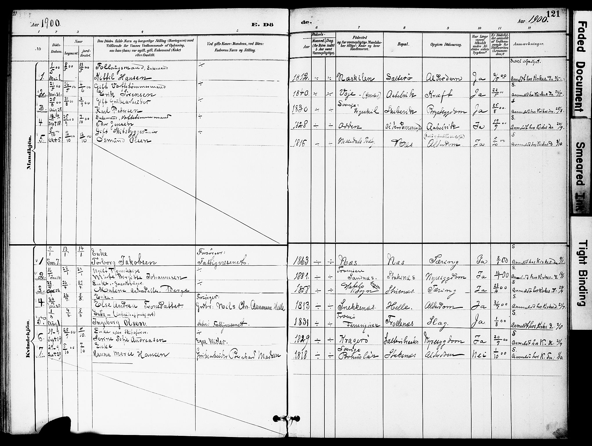 Austre Moland sokneprestkontor, SAK/1111-0001/F/Fa/Fab/L0002: Parish register (official) no. A 2, 1894-1919, p. 121