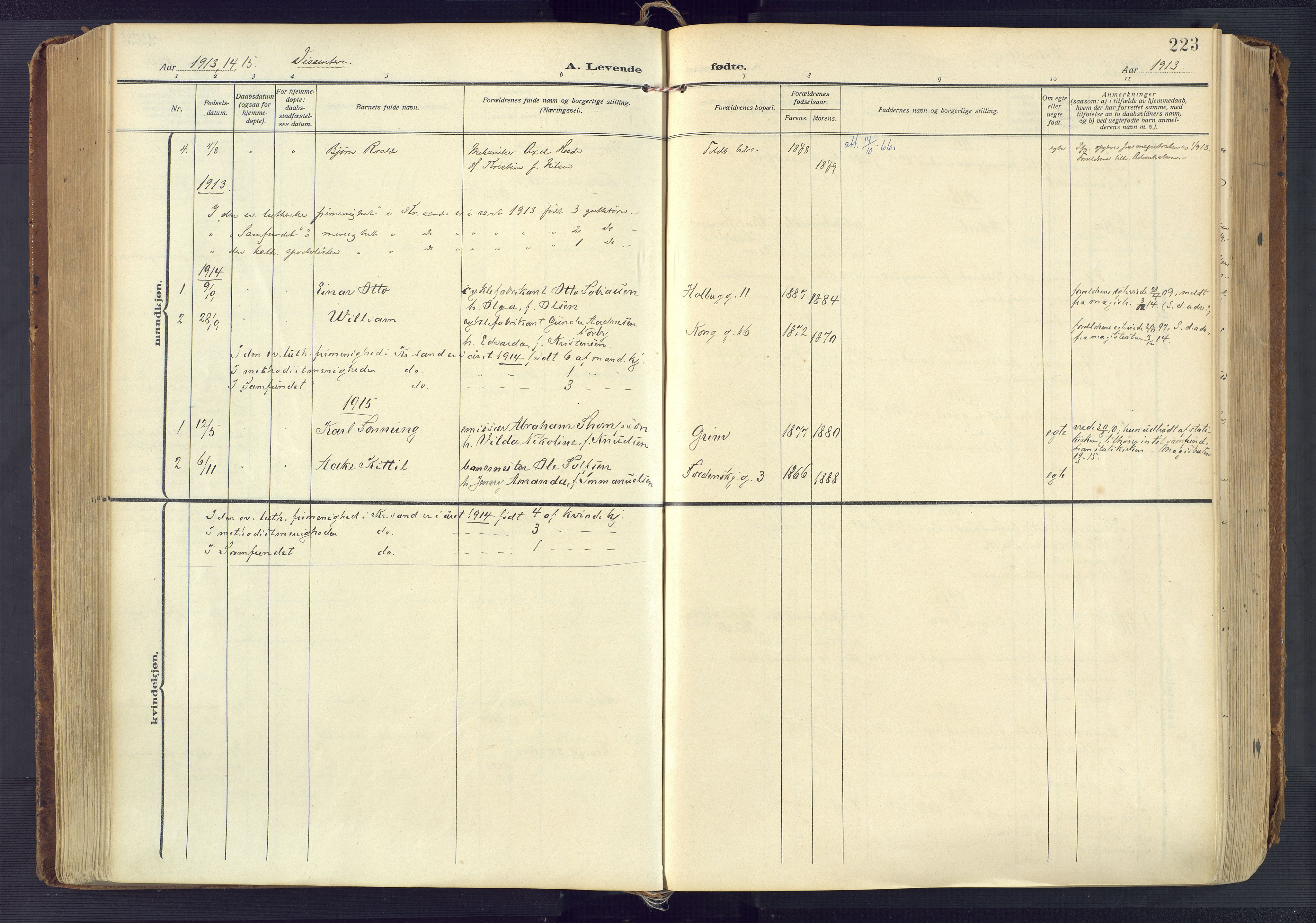 Kristiansand domprosti, AV/SAK-1112-0006/F/Fa/L0023: Parish register (official) no. A 22, 1909-1917, p. 223