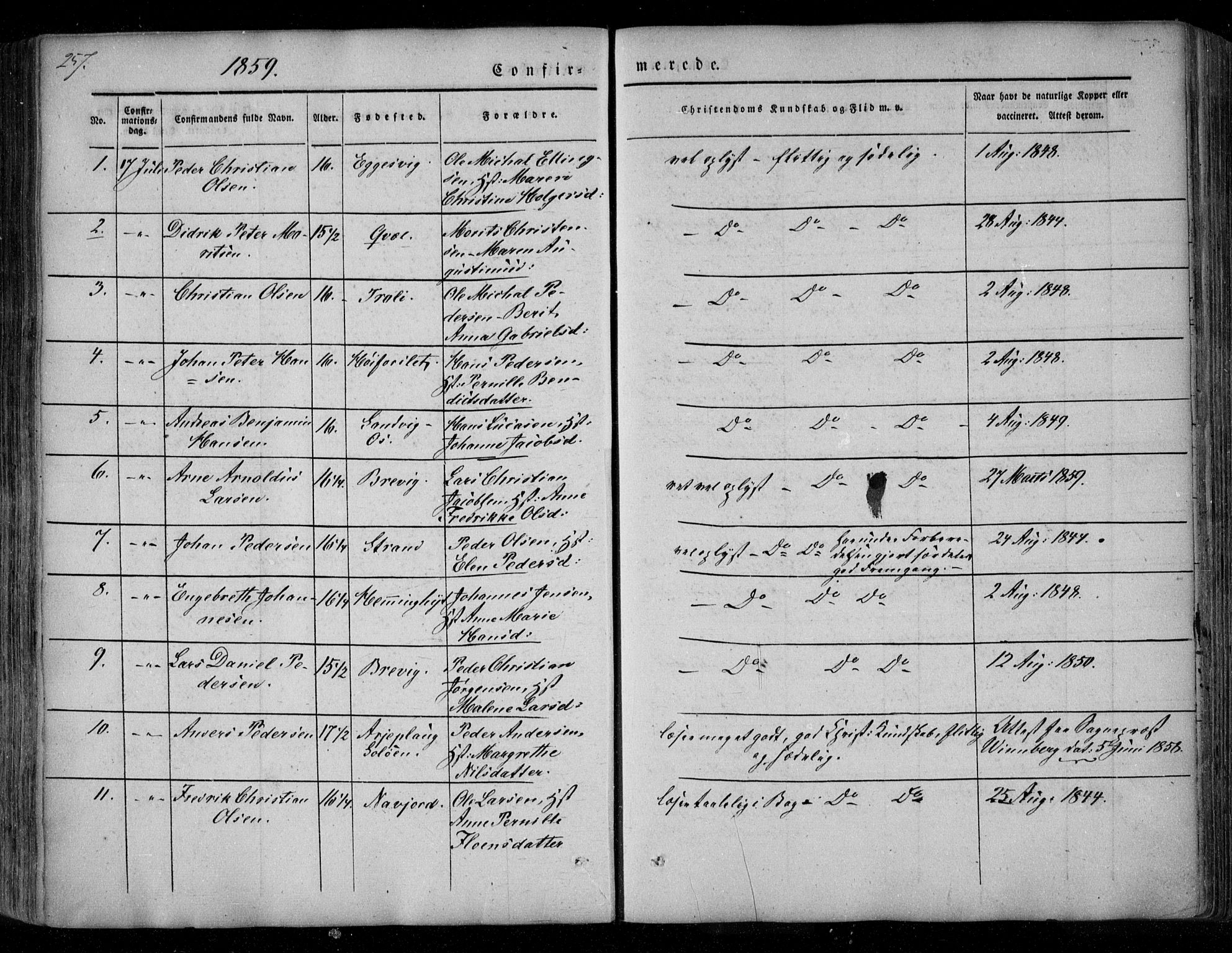 Ministerialprotokoller, klokkerbøker og fødselsregistre - Nordland, AV/SAT-A-1459/846/L0644: Parish register (official) no. 846A02, 1837-1872, p. 257