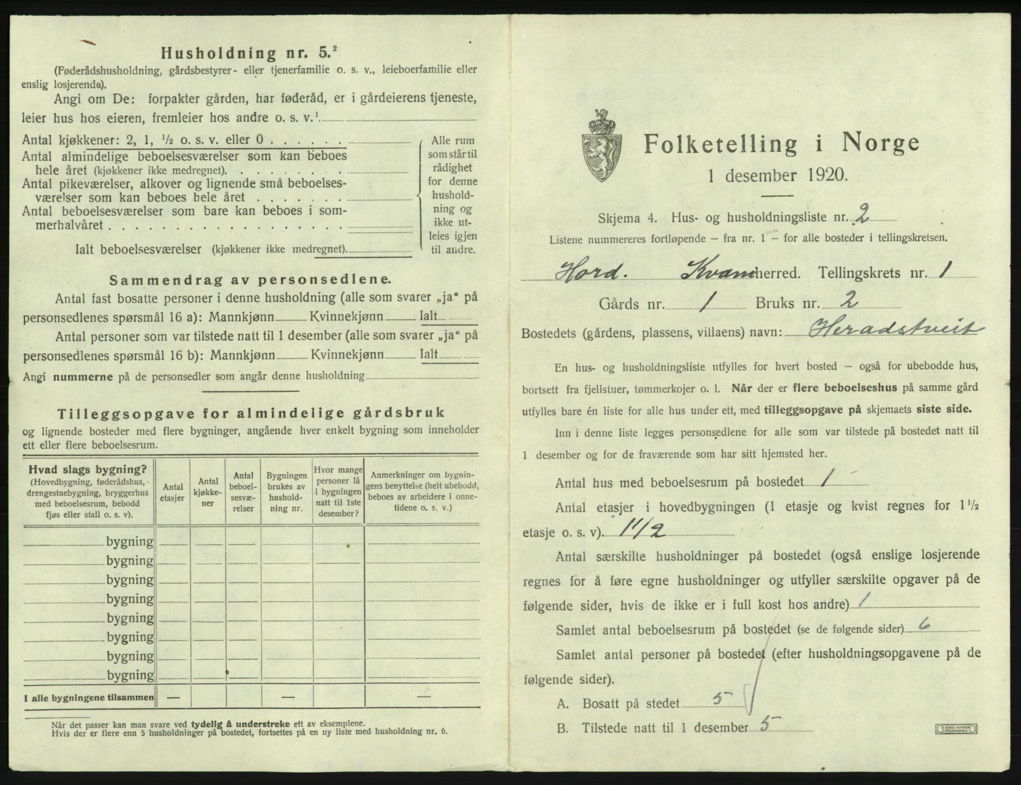 SAB, 1920 census for Kvam, 1920, p. 64