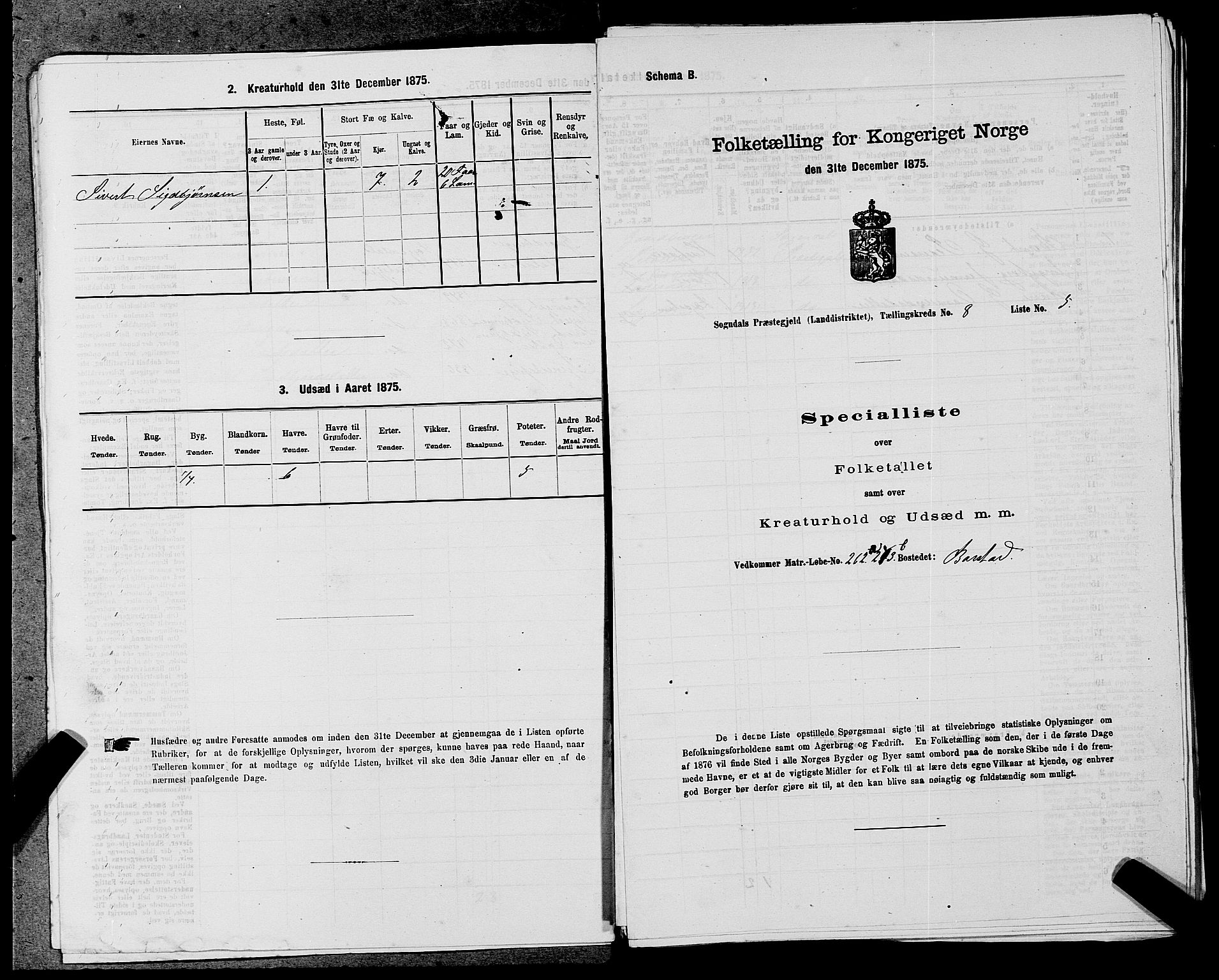 SAST, 1875 census for 1111L Sokndal/Sokndal, 1875, p. 722