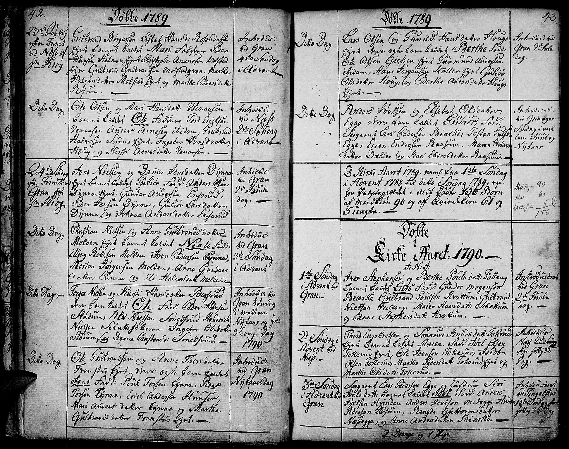 Gran prestekontor, SAH/PREST-112/H/Ha/Haa/L0006: Parish register (official) no. 6, 1787-1824, p. 42-43