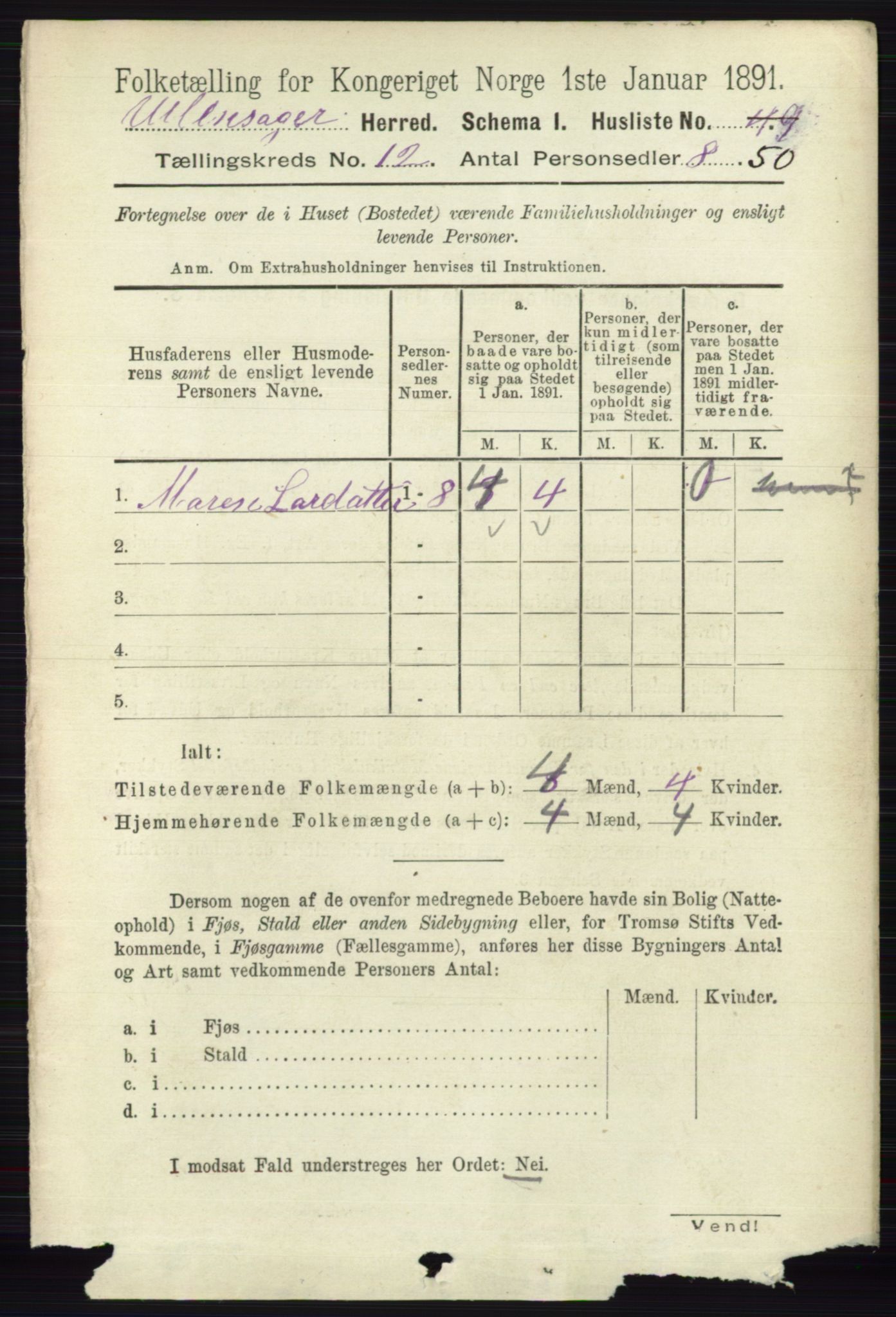 RA, 1891 census for 0235 Ullensaker, 1891, p. 5607