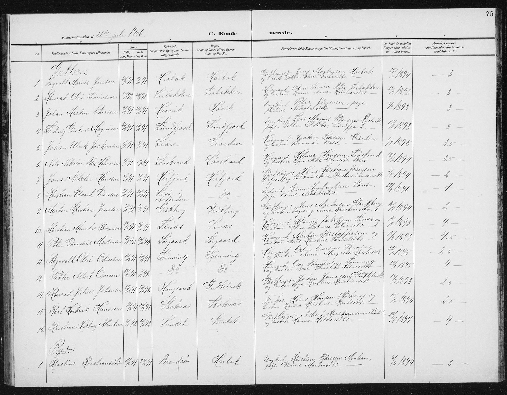 Ministerialprotokoller, klokkerbøker og fødselsregistre - Sør-Trøndelag, SAT/A-1456/656/L0699: Parish register (copy) no. 656C05, 1905-1920, p. 75