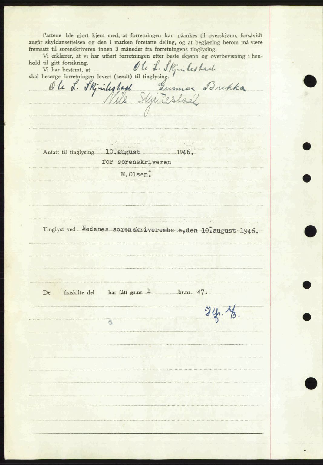 Nedenes sorenskriveri, AV/SAK-1221-0006/G/Gb/Gba/L0055: Mortgage book no. A7, 1946-1946, Diary no: : 907/1946