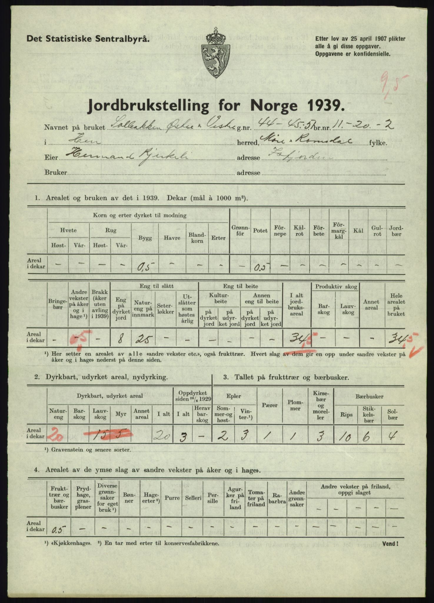 Statistisk sentralbyrå, Næringsøkonomiske emner, Jordbruk, skogbruk, jakt, fiske og fangst, AV/RA-S-2234/G/Gb/L0251: Møre og Romsdal: Voll, Eid, Grytten og Hen, 1939, p. 1181