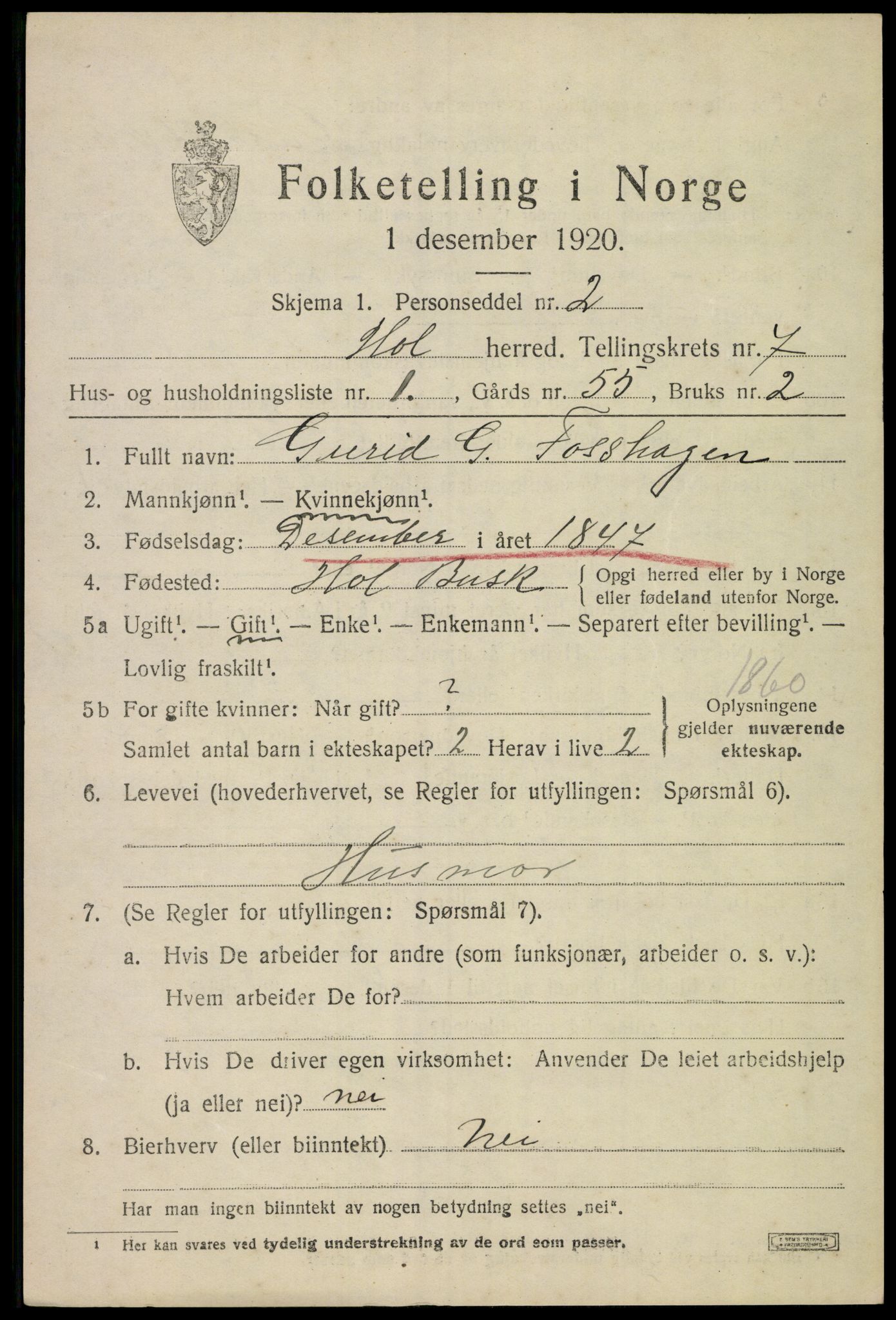 SAKO, 1920 census for Hol (Buskerud), 1920, p. 3509