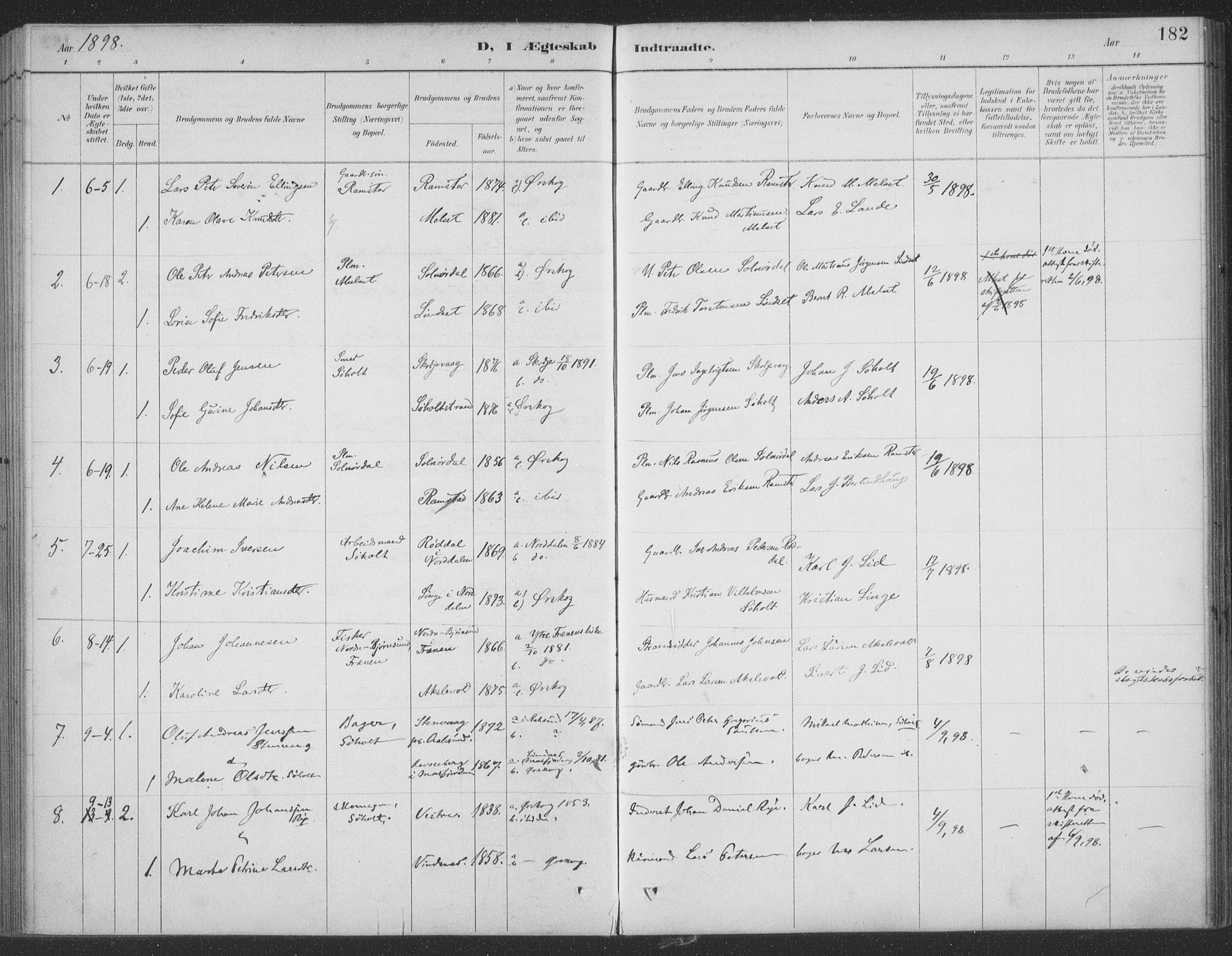 Ministerialprotokoller, klokkerbøker og fødselsregistre - Møre og Romsdal, SAT/A-1454/522/L0316: Parish register (official) no. 522A11, 1890-1911, p. 182