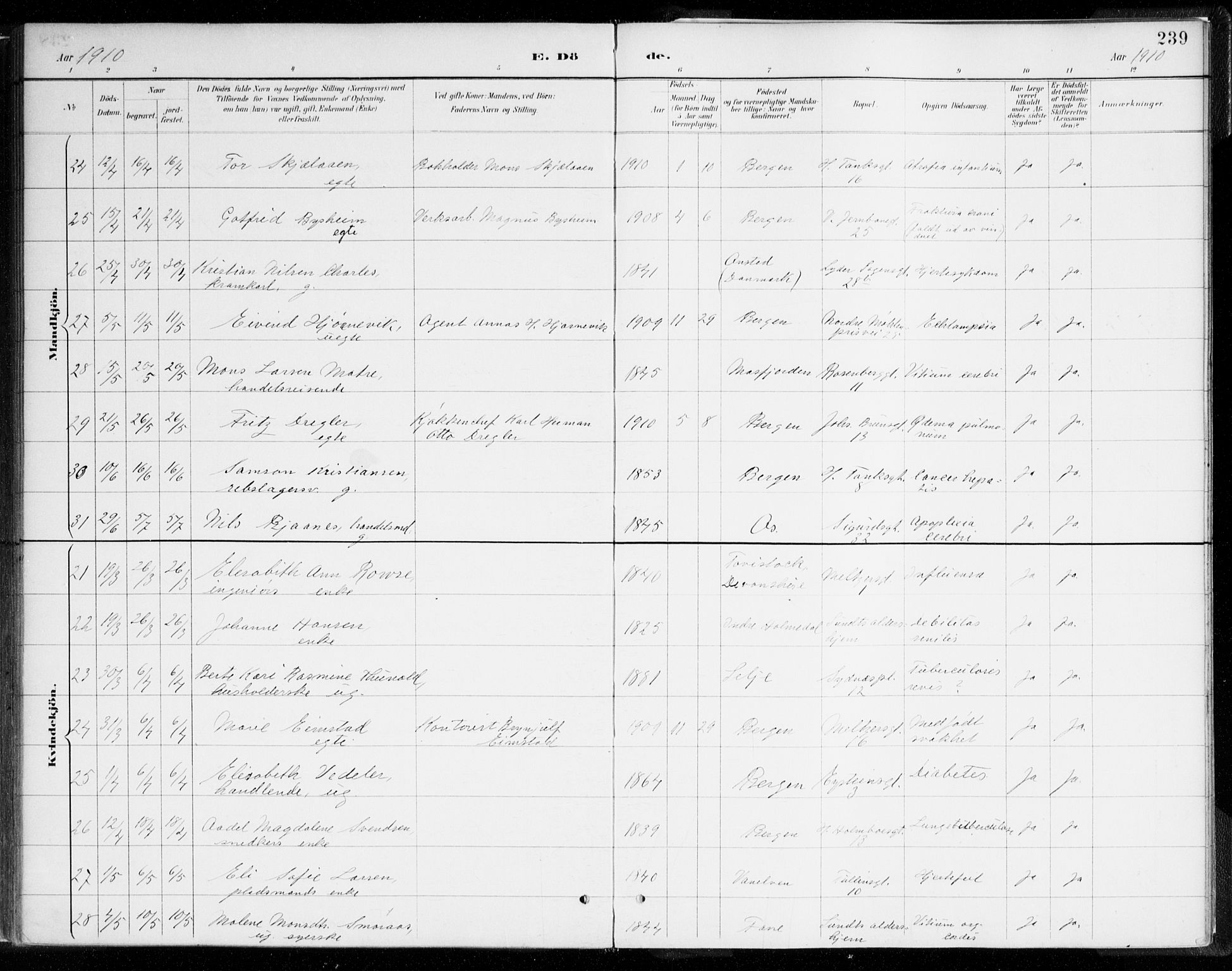 Johanneskirken sokneprestembete, AV/SAB-A-76001/H/Haa/L0019: Parish register (official) no. E 1, 1885-1915, p. 239