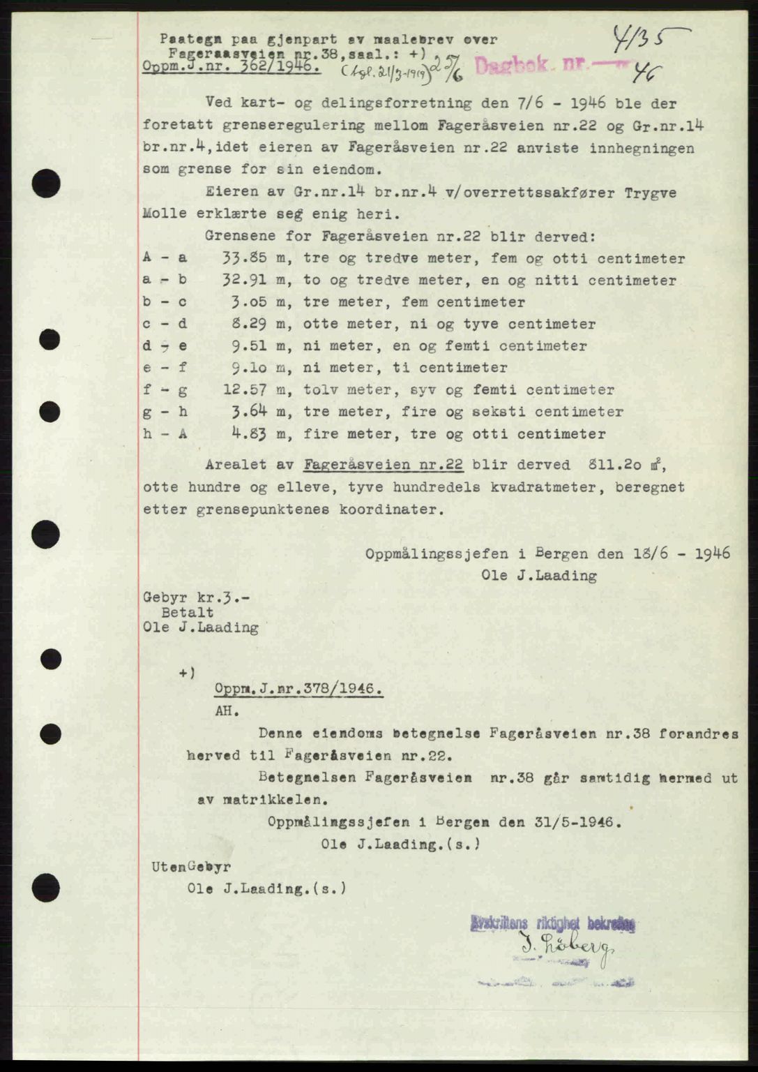 Byfogd og Byskriver i Bergen, SAB/A-3401/03/03Bc/L0022: Mortgage book no. A18, 1946-1946, Diary no: : 4135/1946