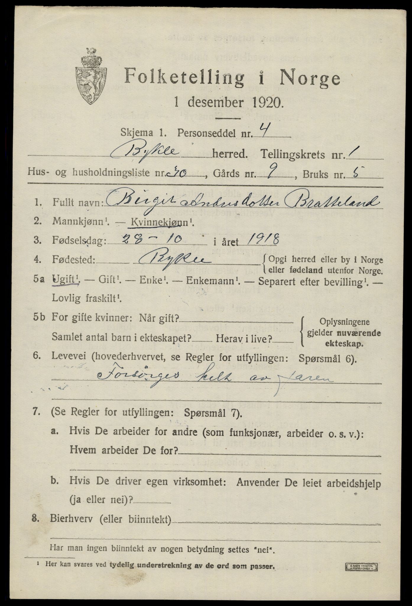 SAK, 1920 census for Bykle, 1920, p. 589