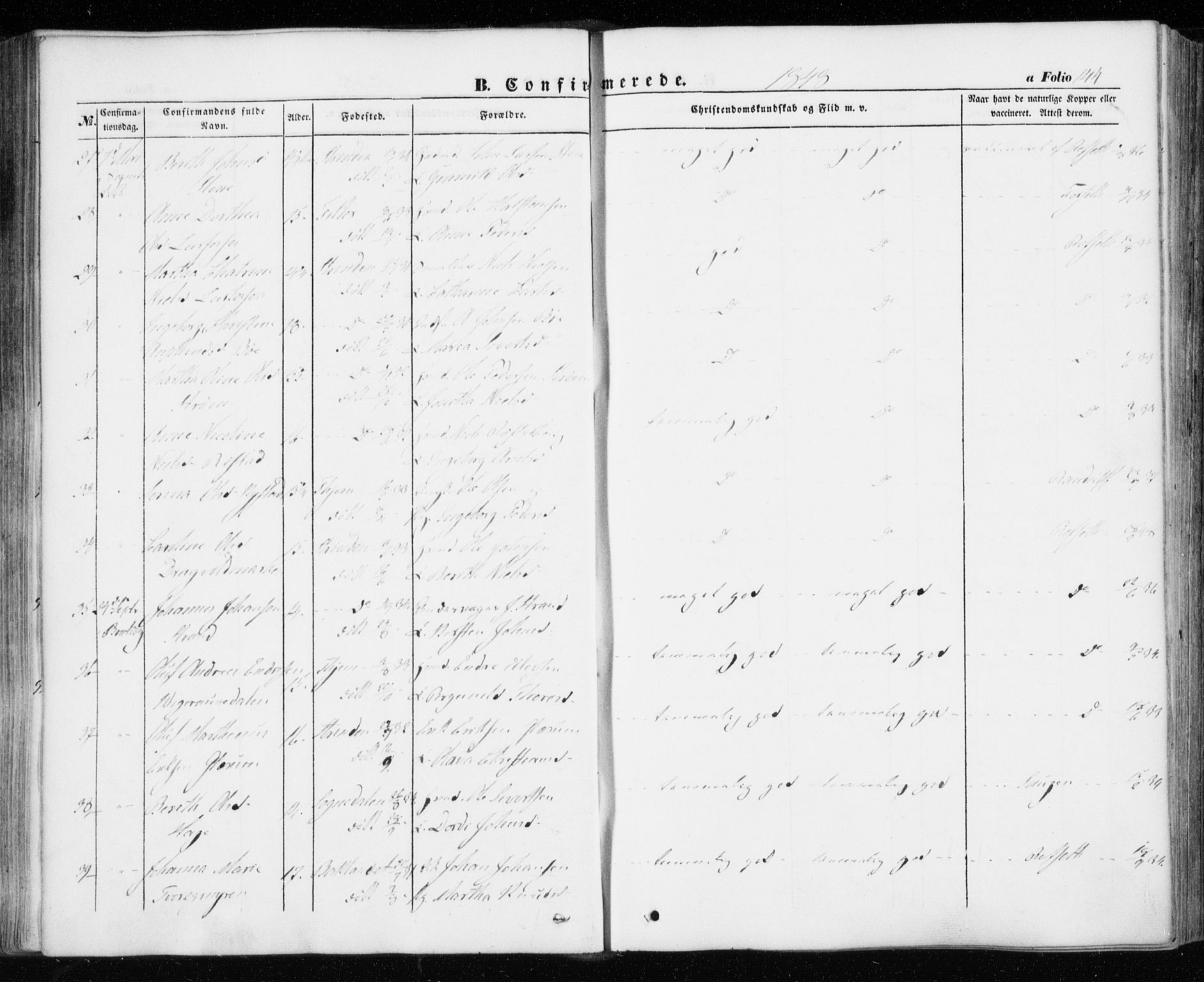 Ministerialprotokoller, klokkerbøker og fødselsregistre - Sør-Trøndelag, SAT/A-1456/606/L0291: Parish register (official) no. 606A06, 1848-1856, p. 144