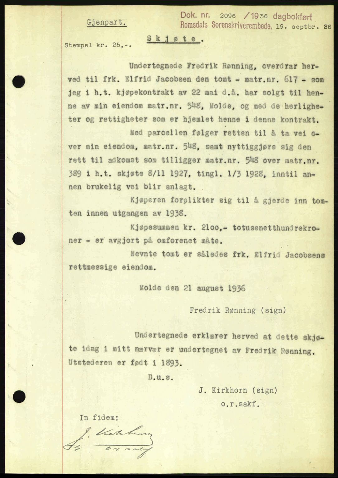 Romsdal sorenskriveri, SAT/A-4149/1/2/2C: Mortgage book no. A2, 1936-1937, Diary no: : 2096/1936