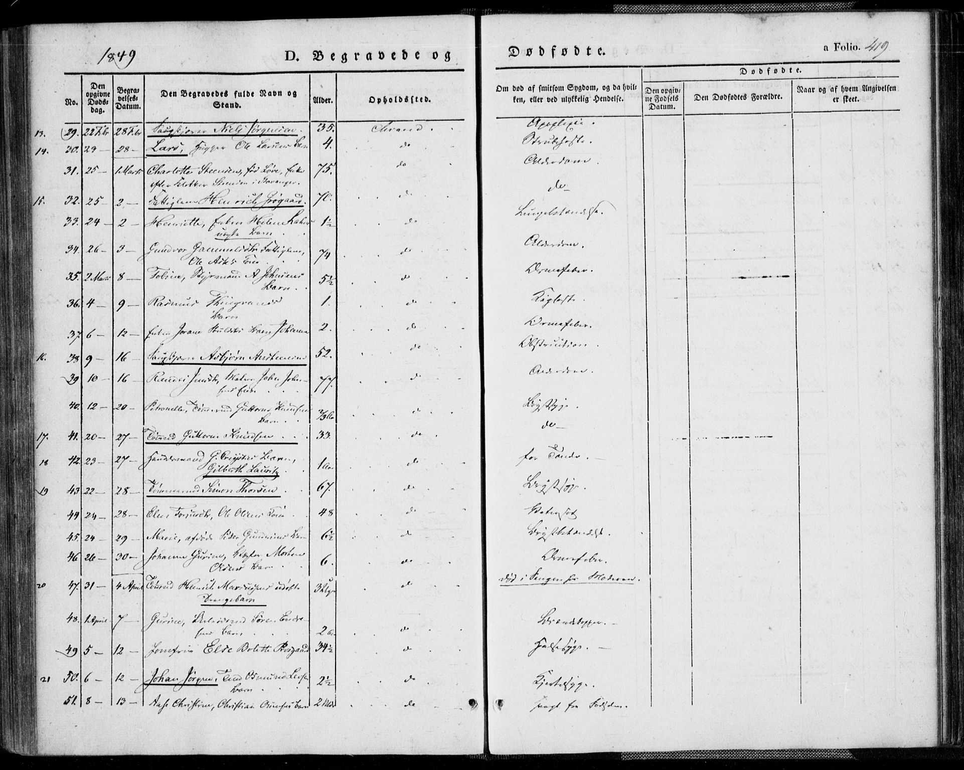 Kristiansand domprosti, AV/SAK-1112-0006/F/Fa/L0013: Parish register (official) no. A 13, 1842-1851, p. 419