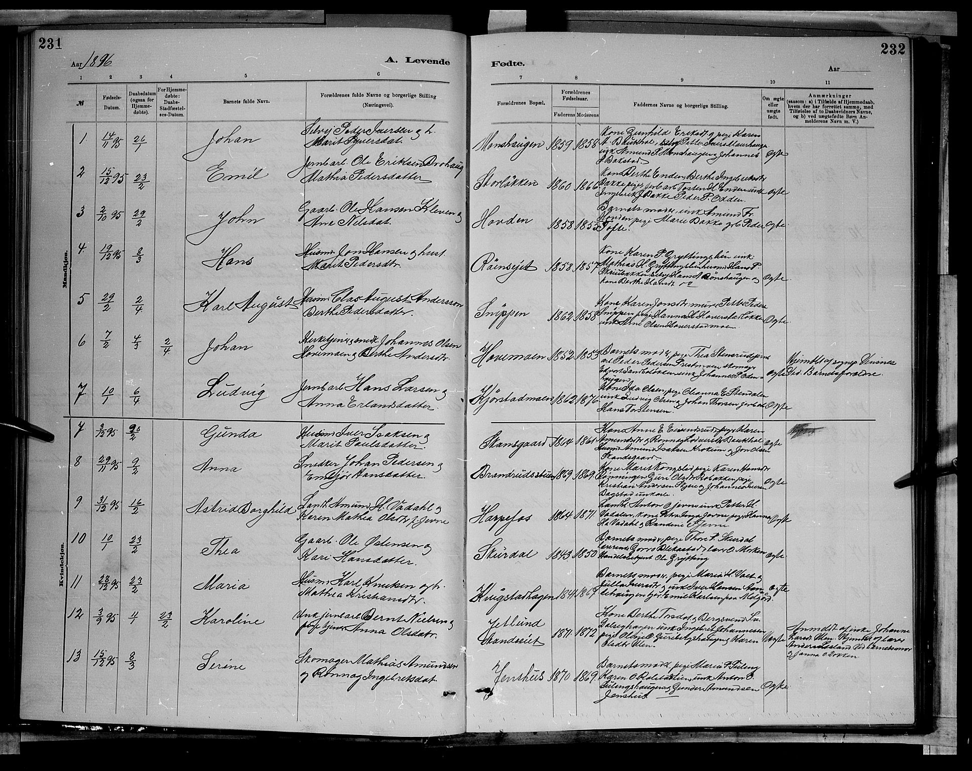 Sør-Fron prestekontor, SAH/PREST-010/H/Ha/Hab/L0003: Parish register (copy) no. 3, 1884-1896, p. 231-232