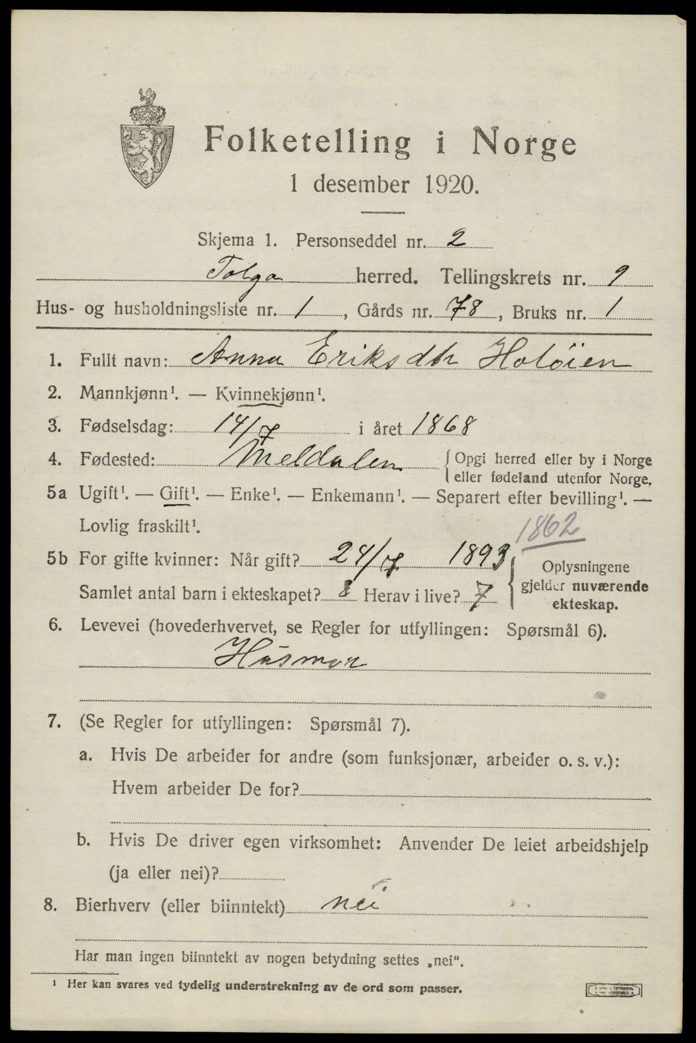 SAH, 1920 census for Tolga, 1920, p. 4663