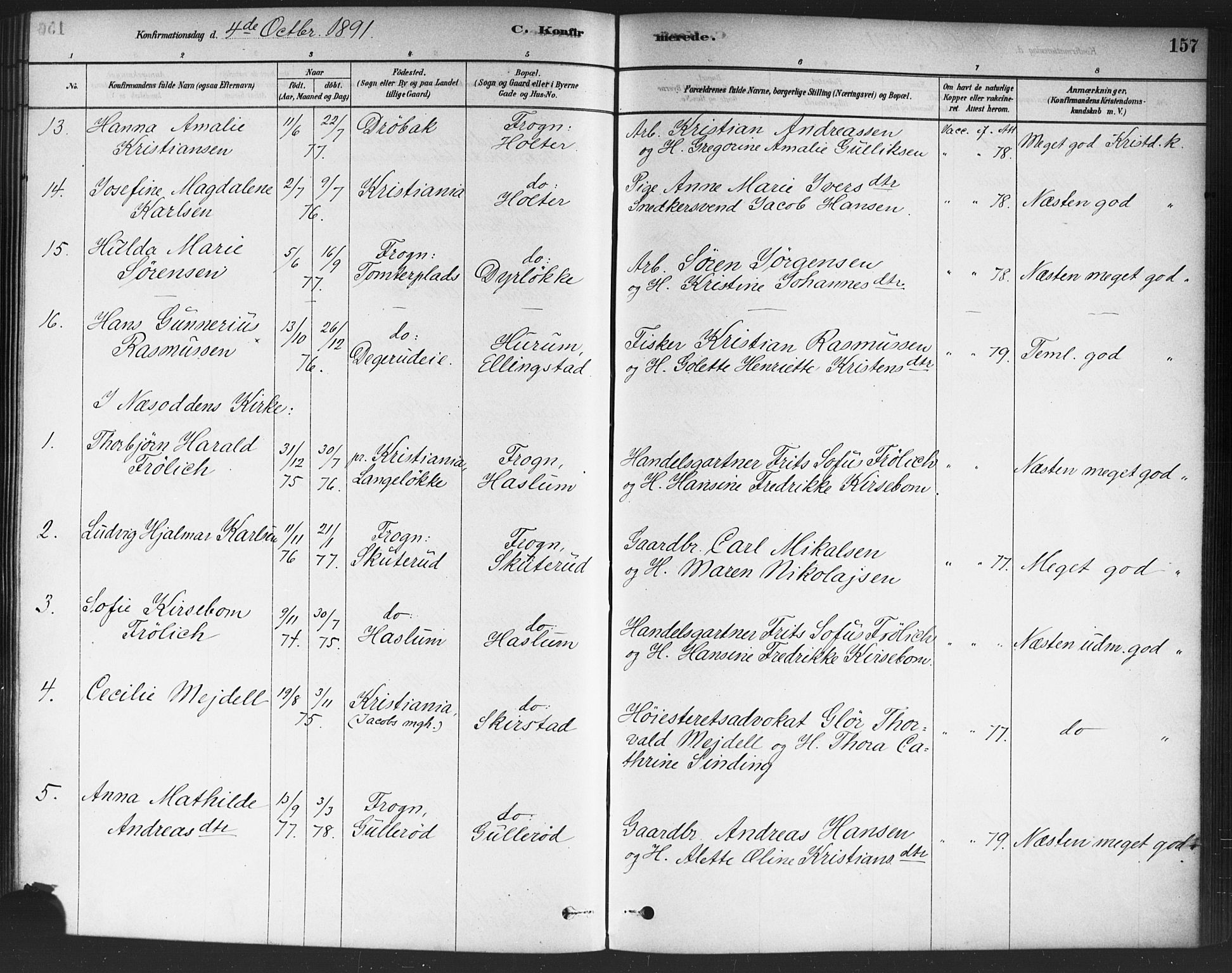 Drøbak prestekontor Kirkebøker, AV/SAO-A-10142a/F/Fc/L0002: Parish register (official) no. III 2, 1878-1891, p. 157