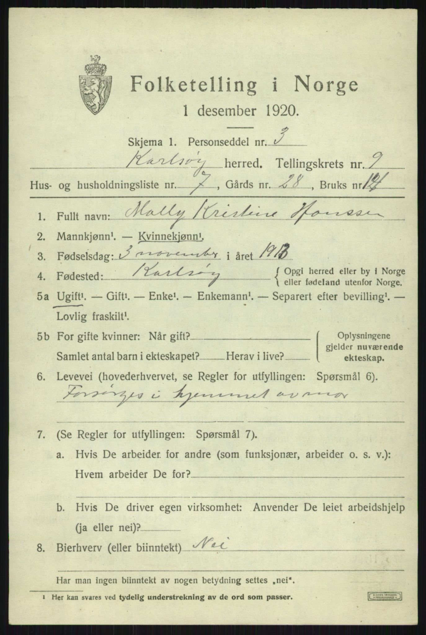 SATØ, 1920 census for Karlsøy, 1920, p. 3392