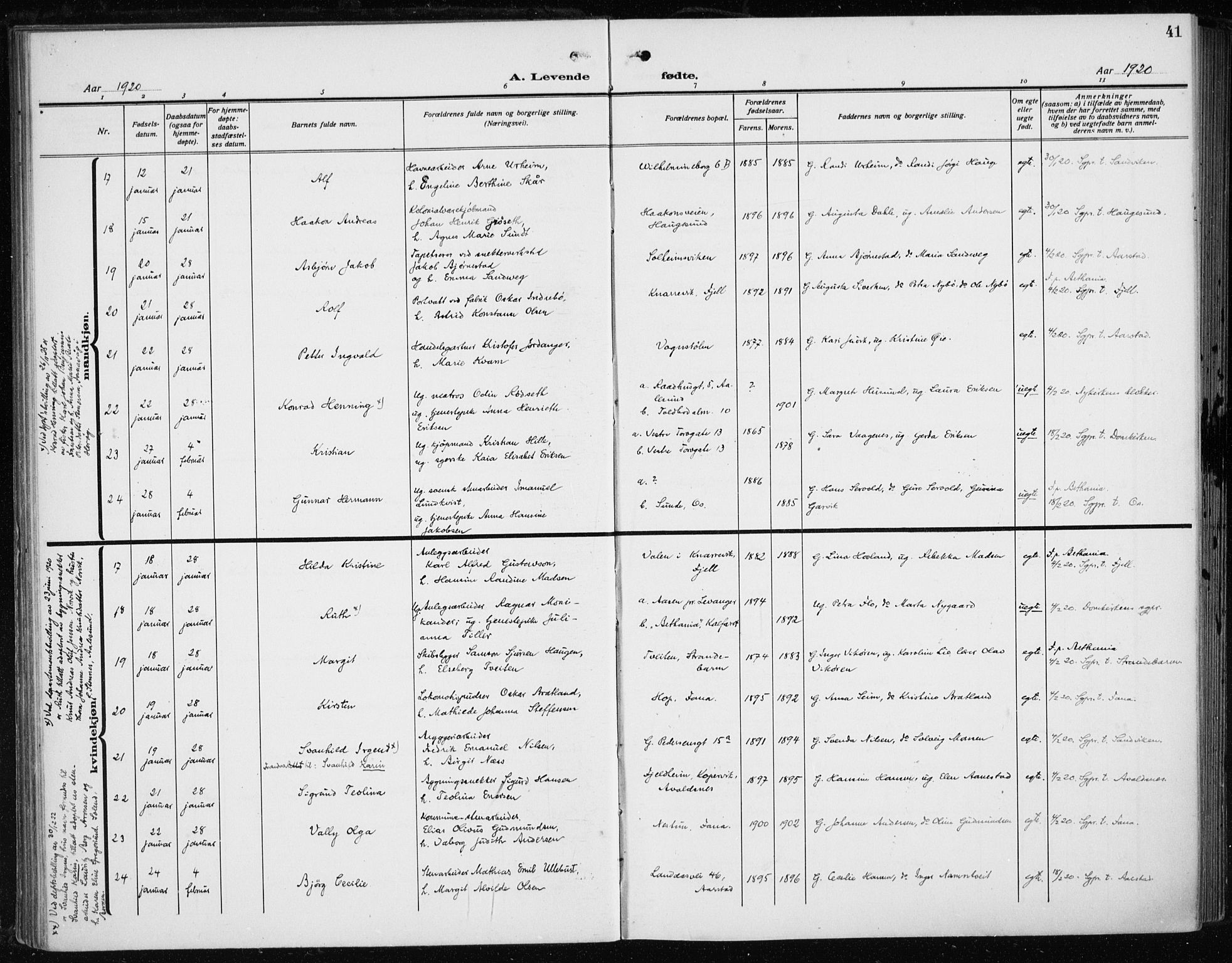 Fødselsstiftelsens sokneprestembete*, SAB/-: Parish register (official) no. A 5, 1918-1926, p. 41