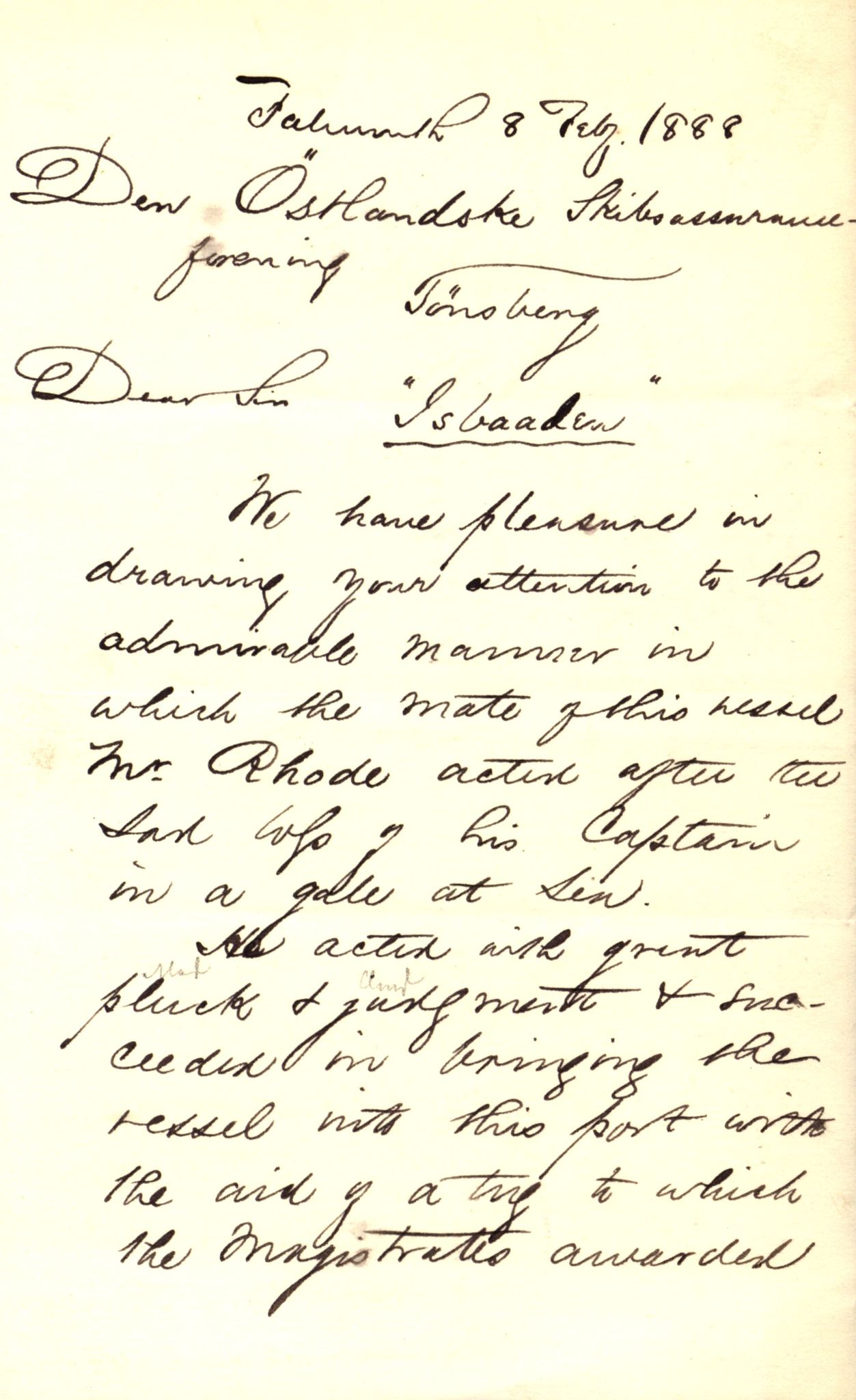 Pa 63 - Østlandske skibsassuranceforening, VEMU/A-1079/G/Ga/L0021/0002: Havaridokumenter / Isbaaden, Ragna, Sylphiden, Nyassa, 1887, p. 2