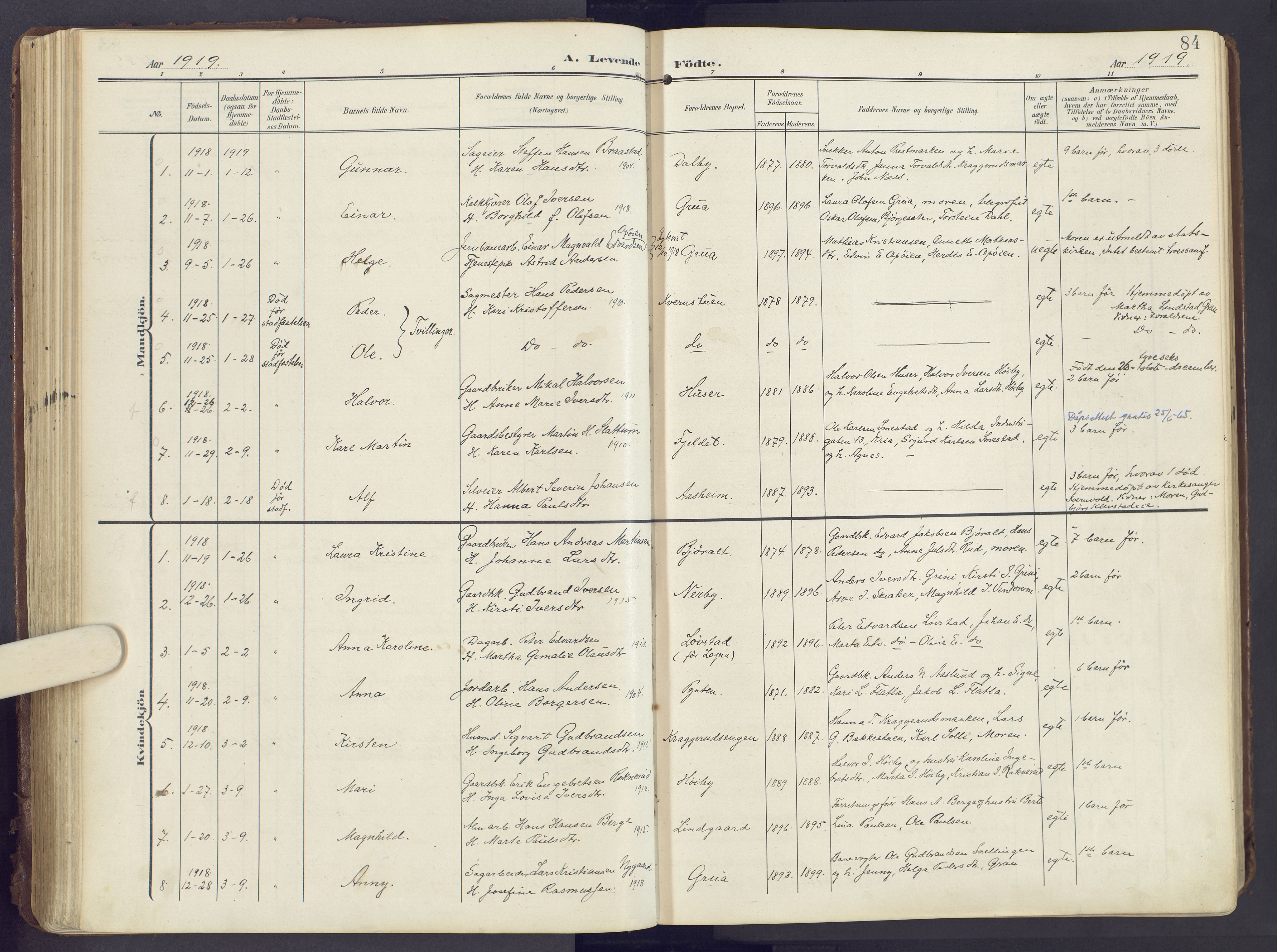 Lunner prestekontor, AV/SAH-PREST-118/H/Ha/Haa/L0001: Parish register (official) no. 1, 1907-1922, p. 84