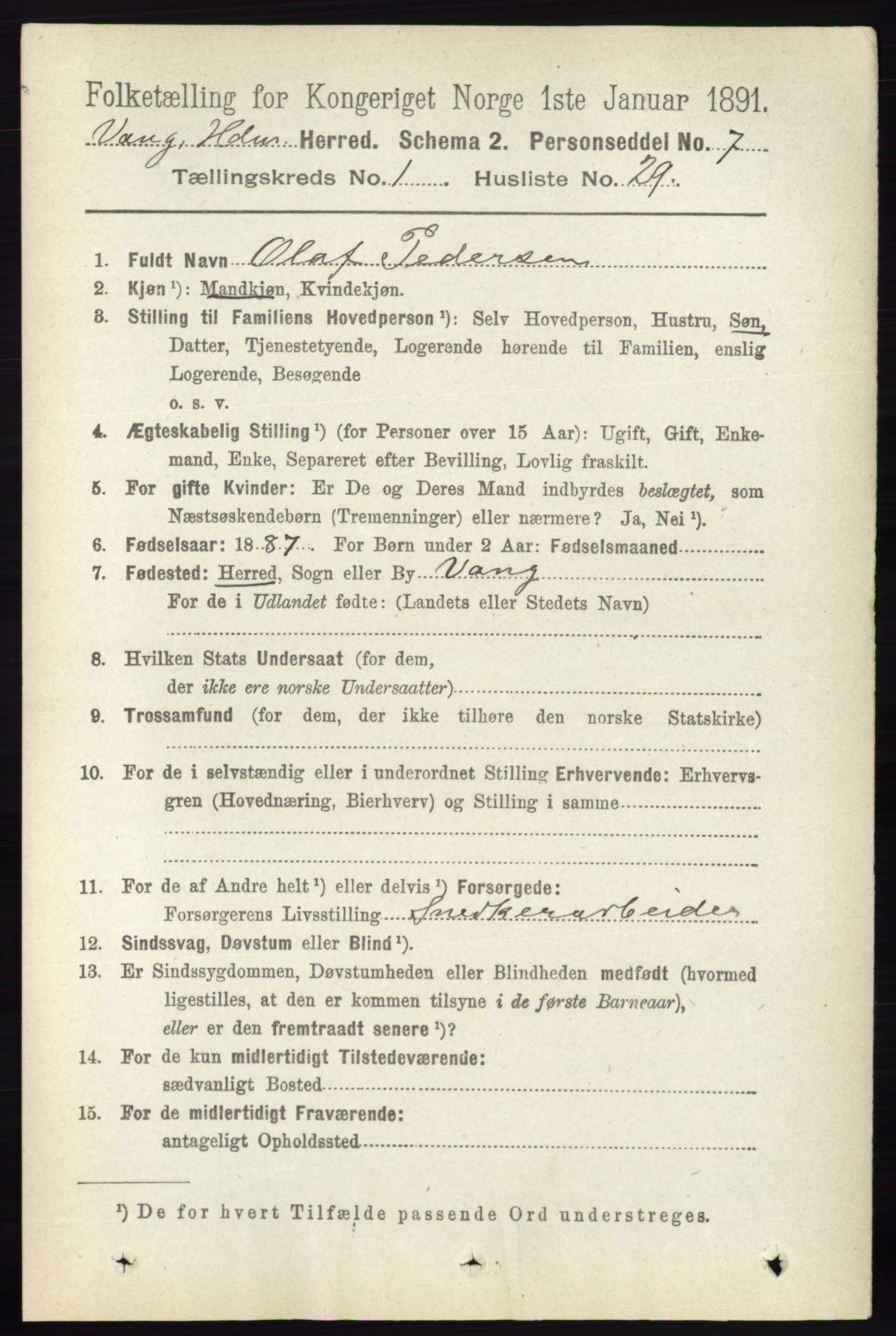 RA, 1891 census for 0414 Vang, 1891, p. 364