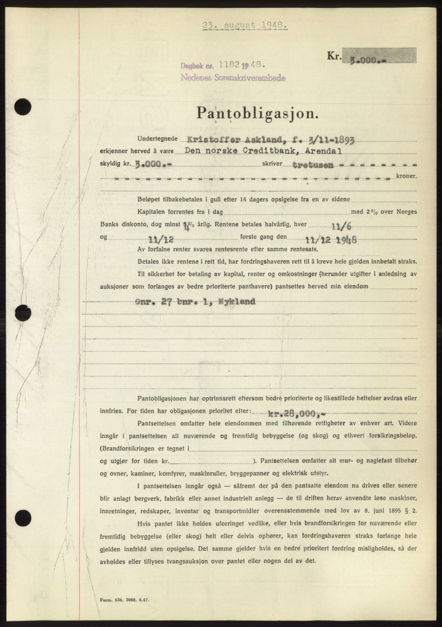 Nedenes sorenskriveri, AV/SAK-1221-0006/G/Gb/Gbb/L0005: Mortgage book no. B5, 1948-1948, Diary no: : 1182/1948