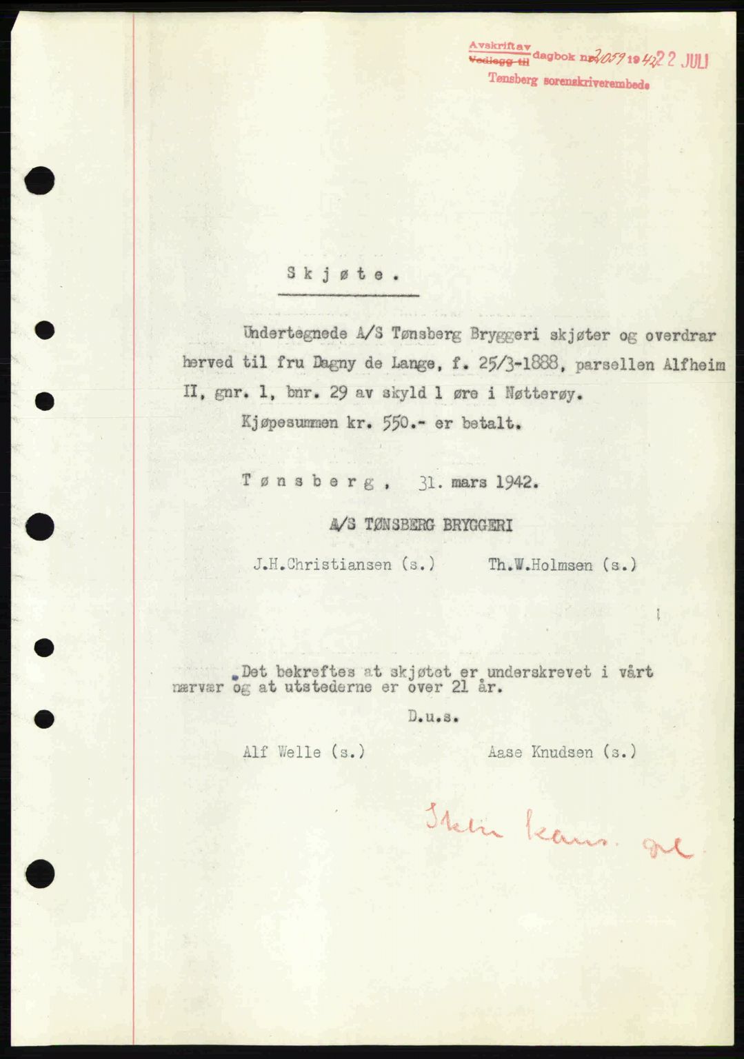 Tønsberg sorenskriveri, AV/SAKO-A-130/G/Ga/Gaa/L0012: Mortgage book no. A12, 1942-1943, Diary no: : 2059/1942