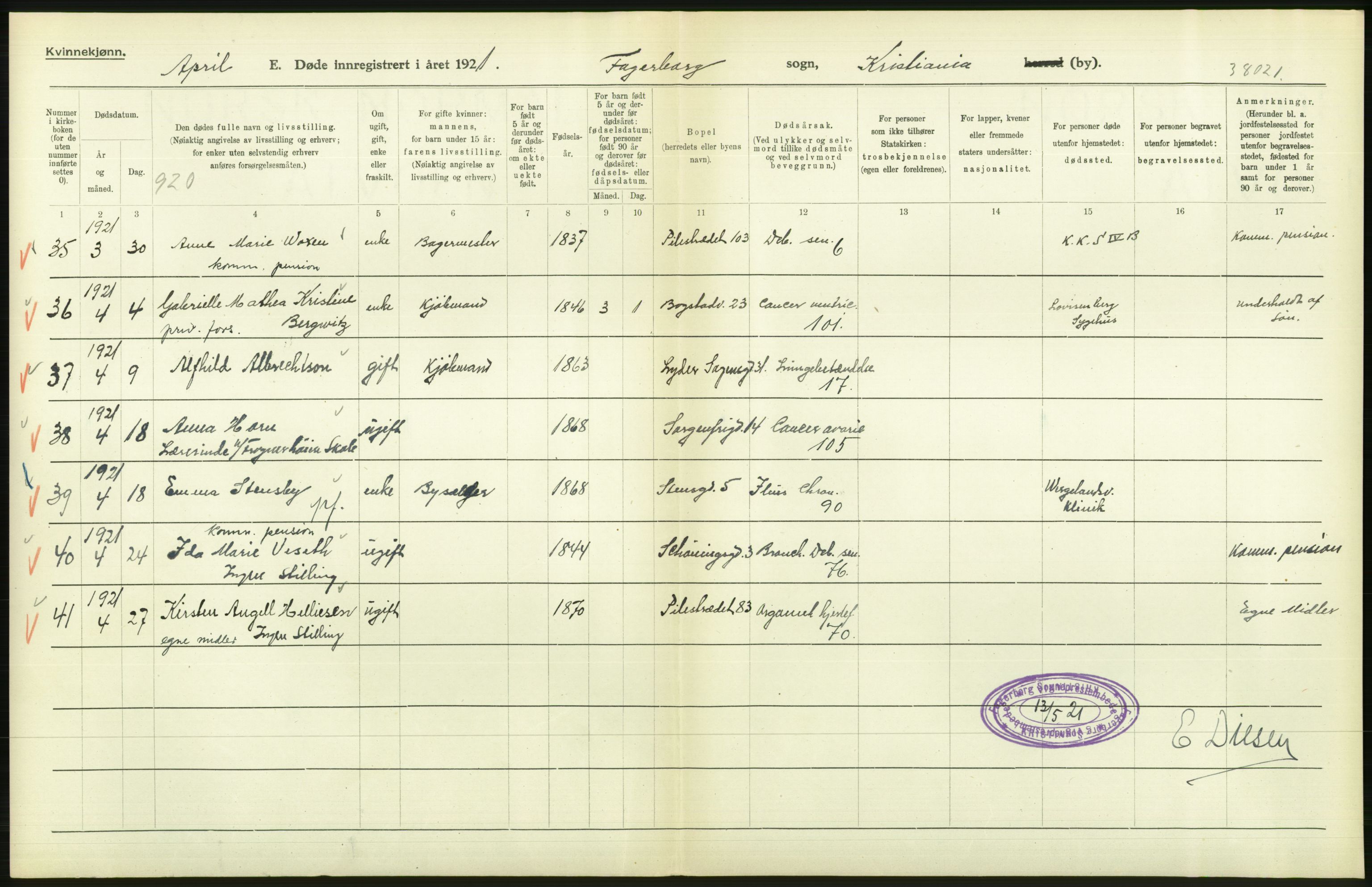 Statistisk sentralbyrå, Sosiodemografiske emner, Befolkning, AV/RA-S-2228/D/Df/Dfc/Dfca/L0012: Kristiania: Døde, 1921, p. 324