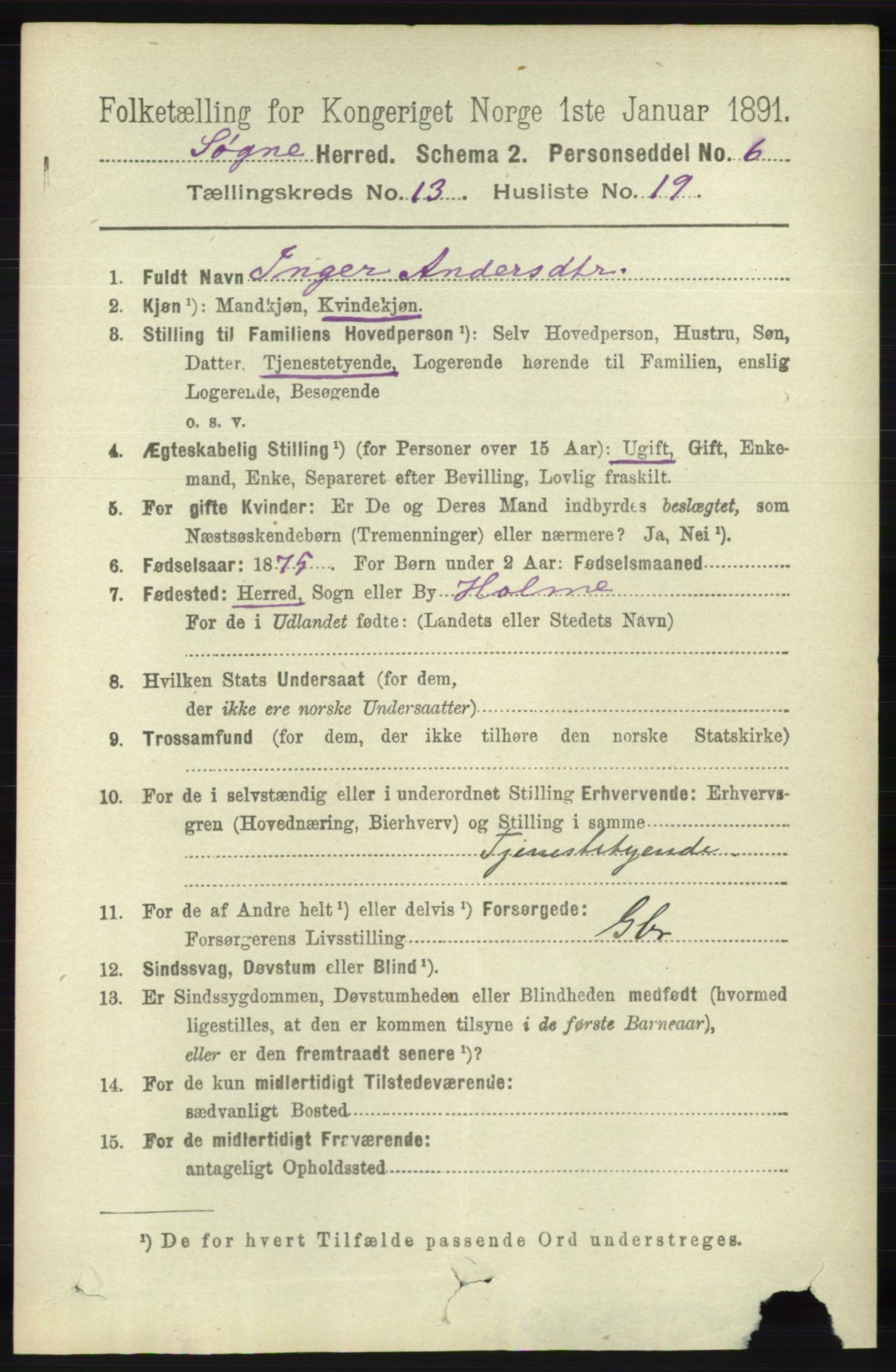 RA, 1891 census for 1018 Søgne, 1891, p. 3324