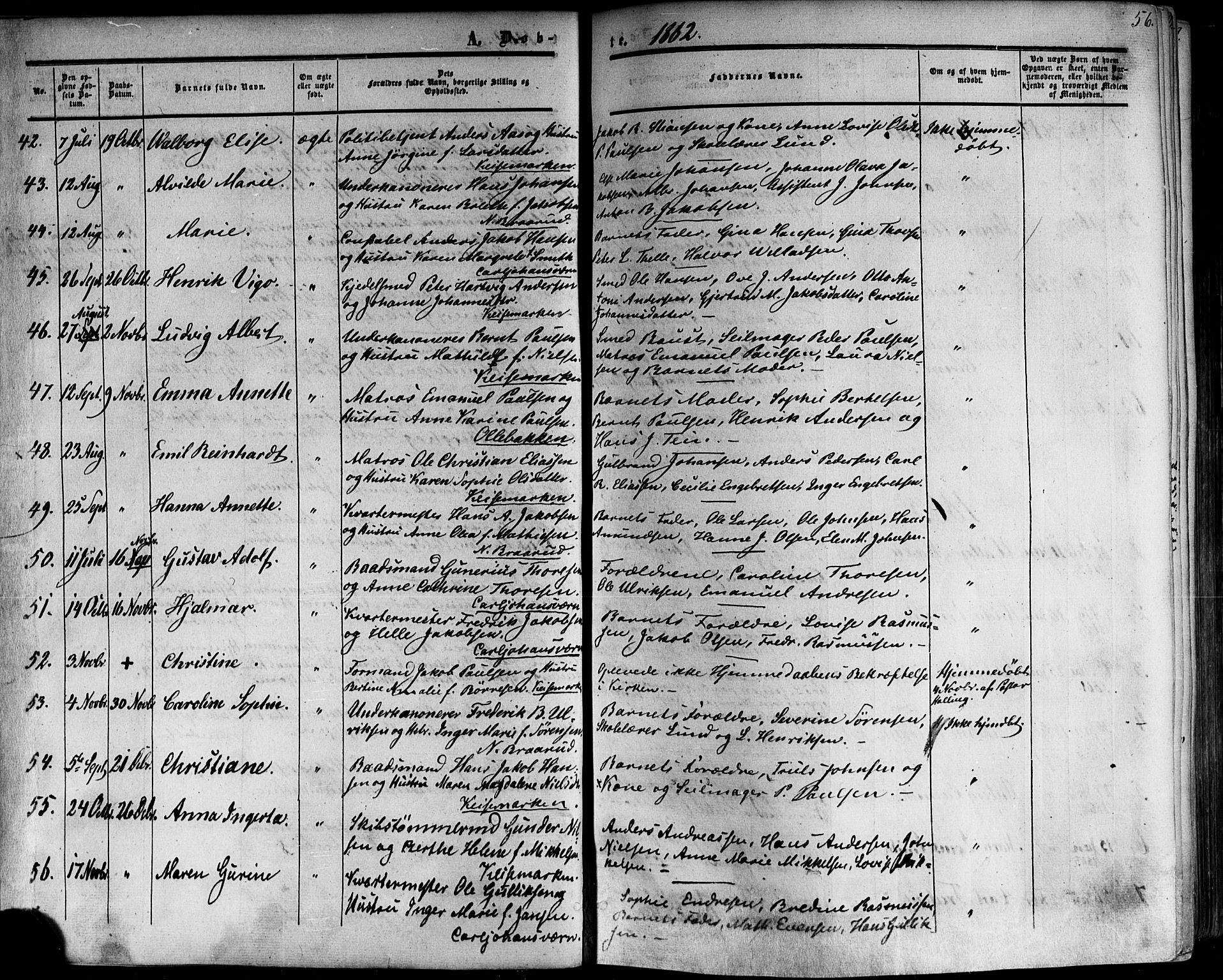 Horten kirkebøker, SAKO/A-348/F/Fa/L0001: Parish register (official) no. 1, 1855-1871, p. 56