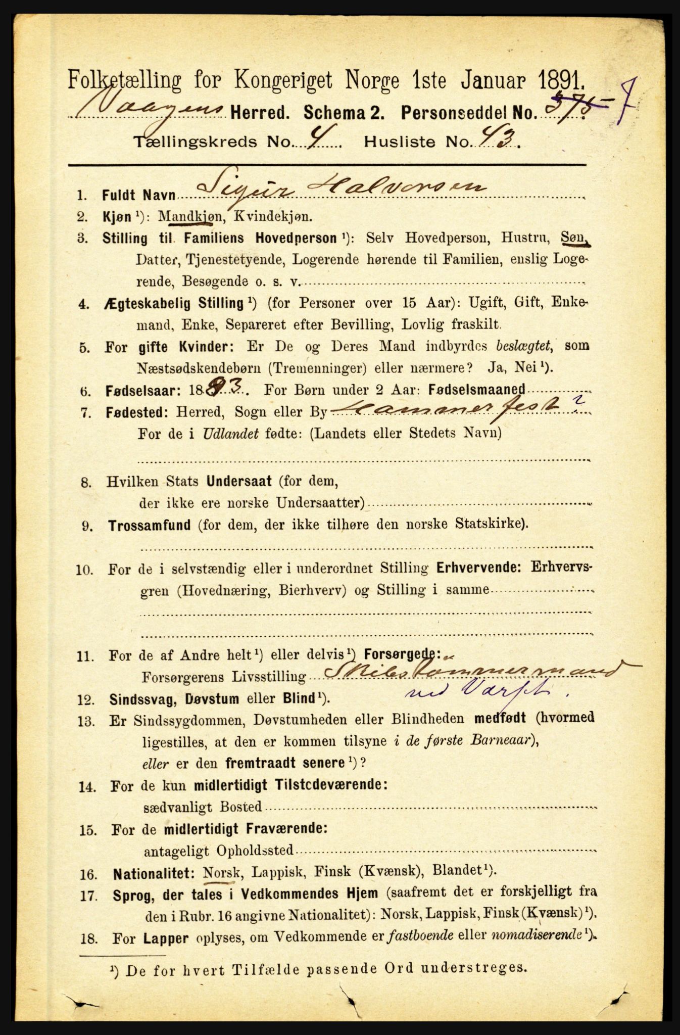 RA, 1891 census for 1865 Vågan, 1891, p. 1315