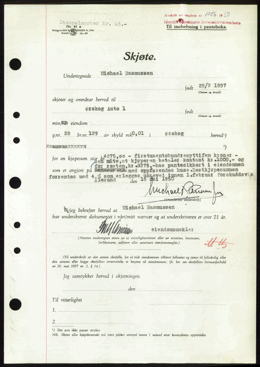 Nordre Sunnmøre sorenskriveri, AV/SAT-A-0006/1/2/2C/2Ca: Mortgage book no. A34, 1950-1950, Diary no: : 1086/1950