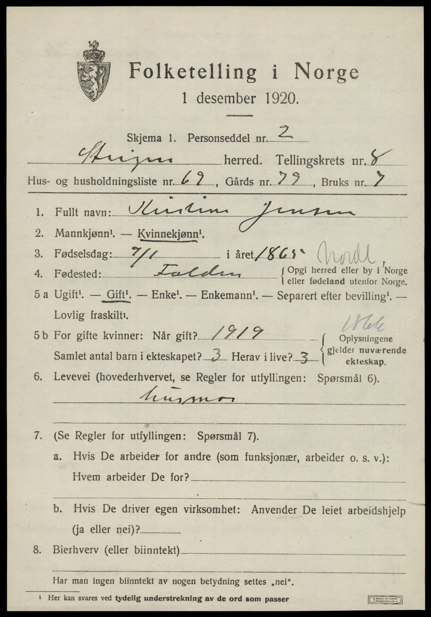 SAT, 1920 census for Steigen, 1920, p. 3894