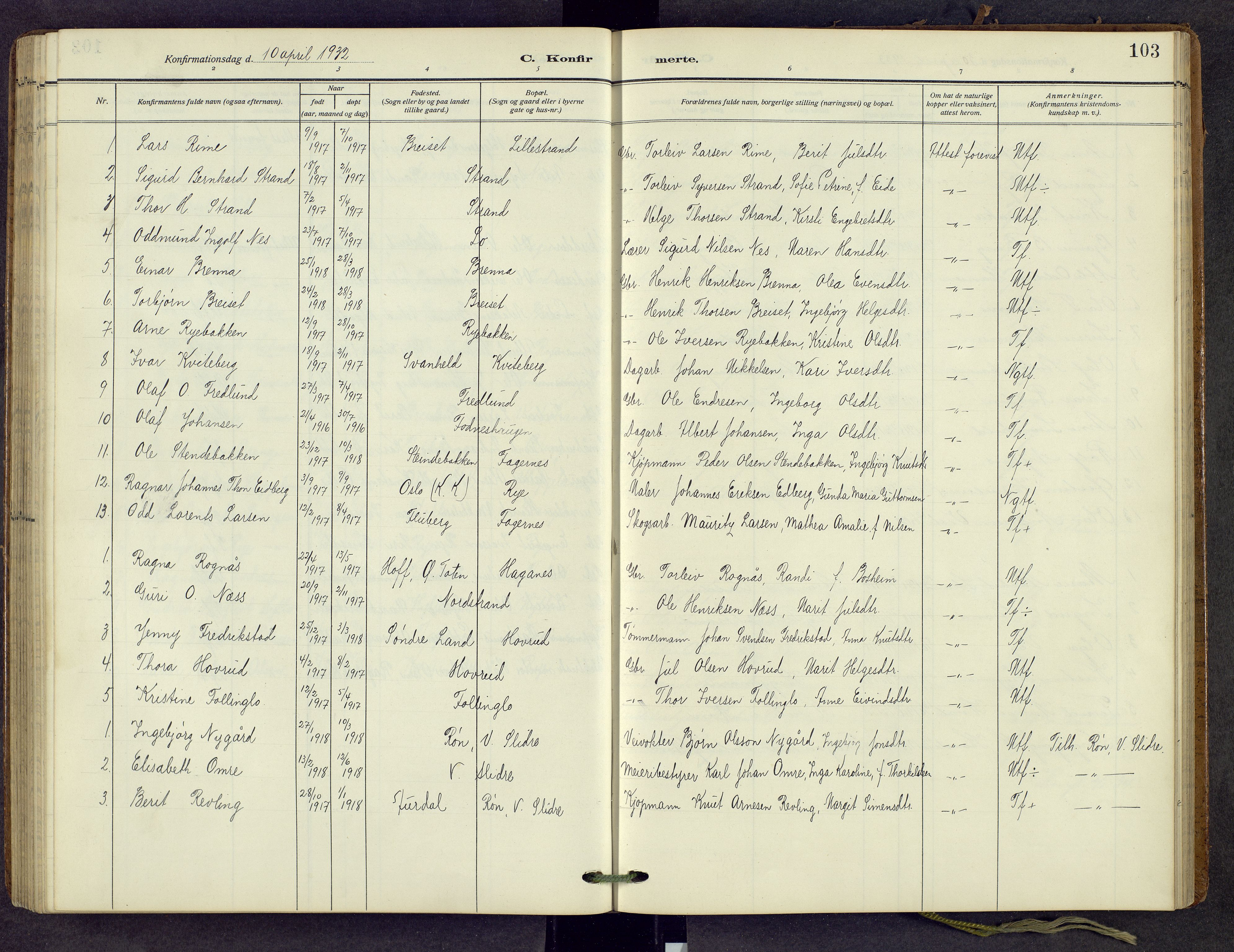 Nord-Aurdal prestekontor, SAH/PREST-132/H/Ha/Hab/L0013: Parish register (copy) no. 13, 1911-1948, p. 103