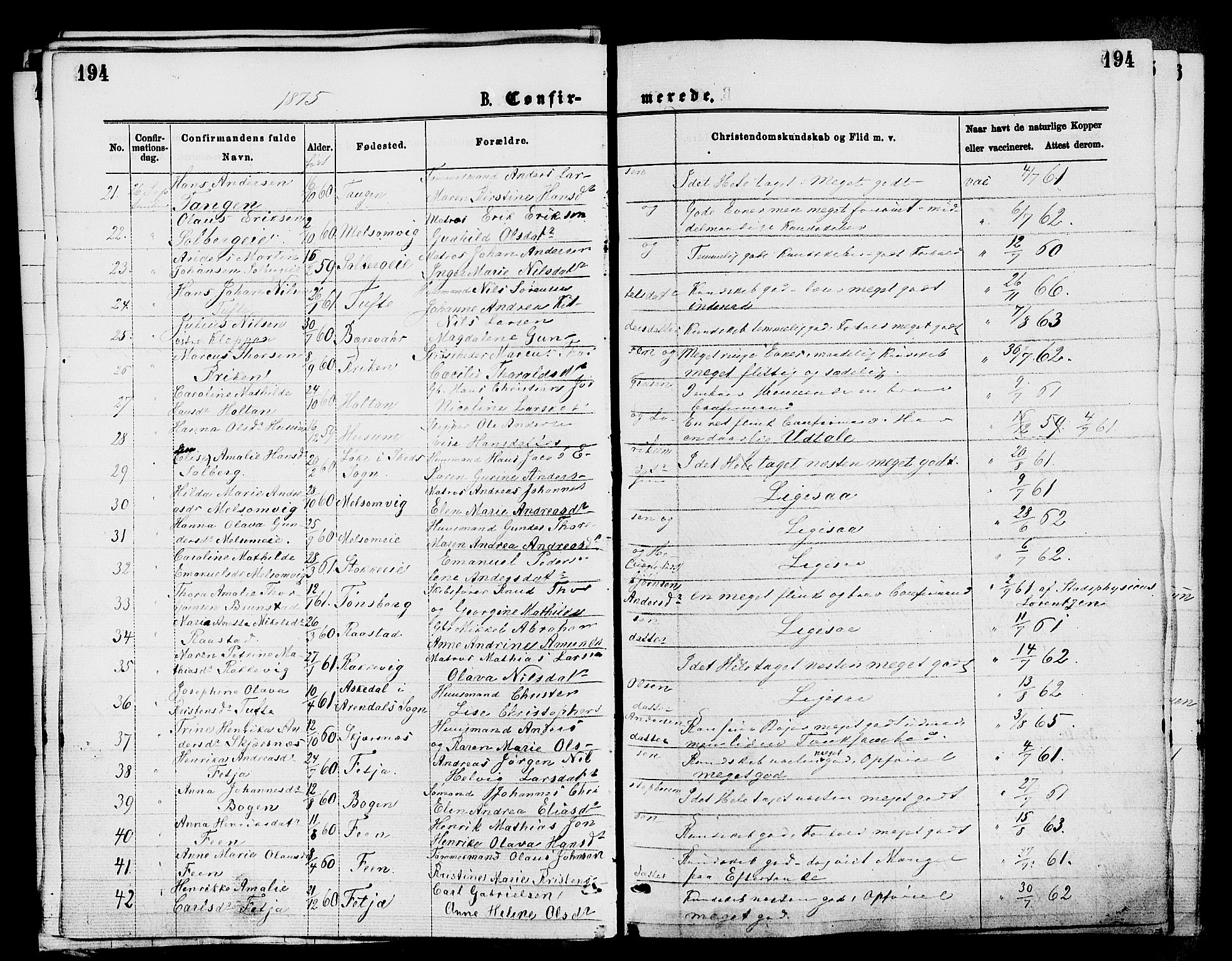 Stokke kirkebøker, AV/SAKO-A-320/F/Fa/L0009: Parish register (official) no. I 9, 1872-1883, p. 194