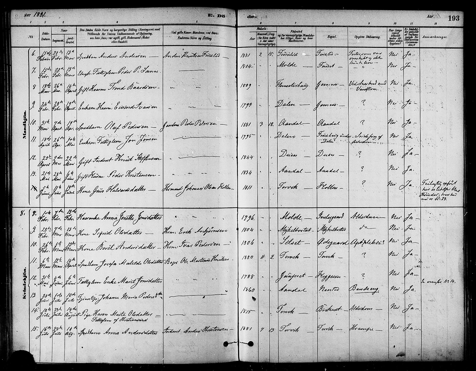 Ministerialprotokoller, klokkerbøker og fødselsregistre - Møre og Romsdal, AV/SAT-A-1454/584/L0967: Parish register (official) no. 584A07, 1879-1894, p. 193