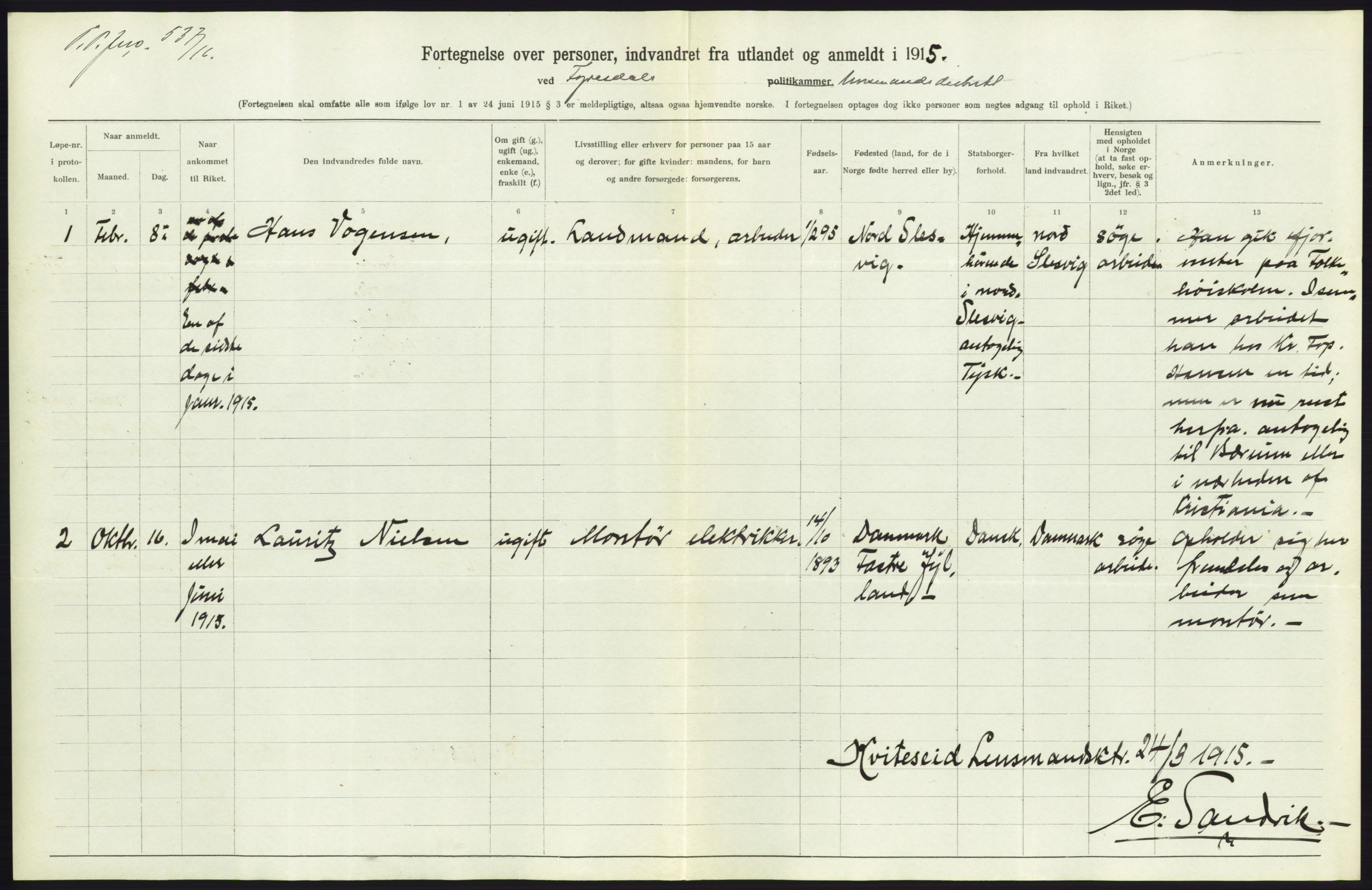 Statistisk sentralbyrå, Sosioøkonomiske emner, Folketellinger, boliger og boforhold, AV/RA-S-2231/F/Fa/L0001: Innvandring. Navn/fylkesvis, 1915, p. 318