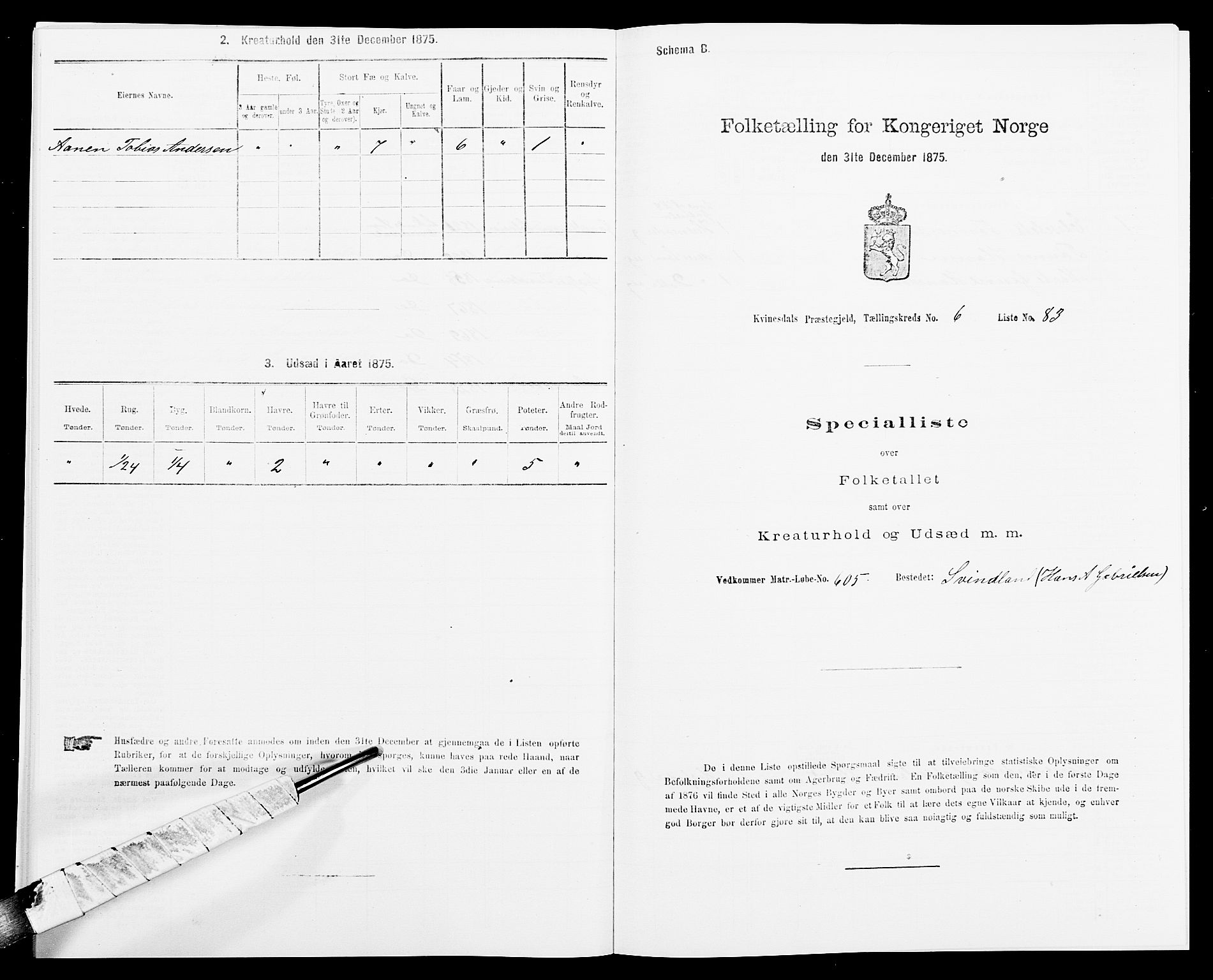 SAK, 1875 census for 1037P Kvinesdal, 1875, p. 1080