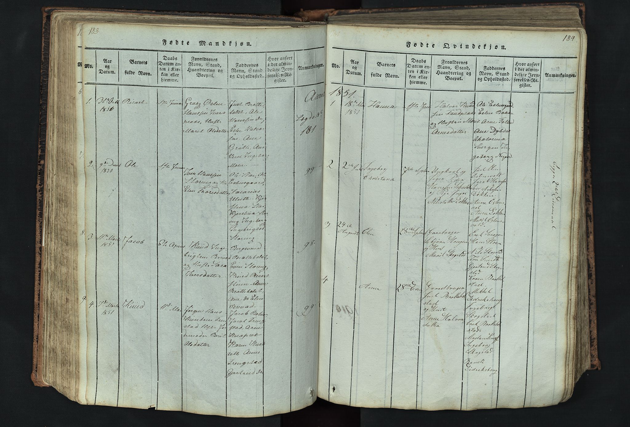 Kvikne prestekontor, AV/SAH-PREST-064/H/Ha/Hab/L0001: Parish register (copy) no. 1, 1815-1895, p. 183-184
