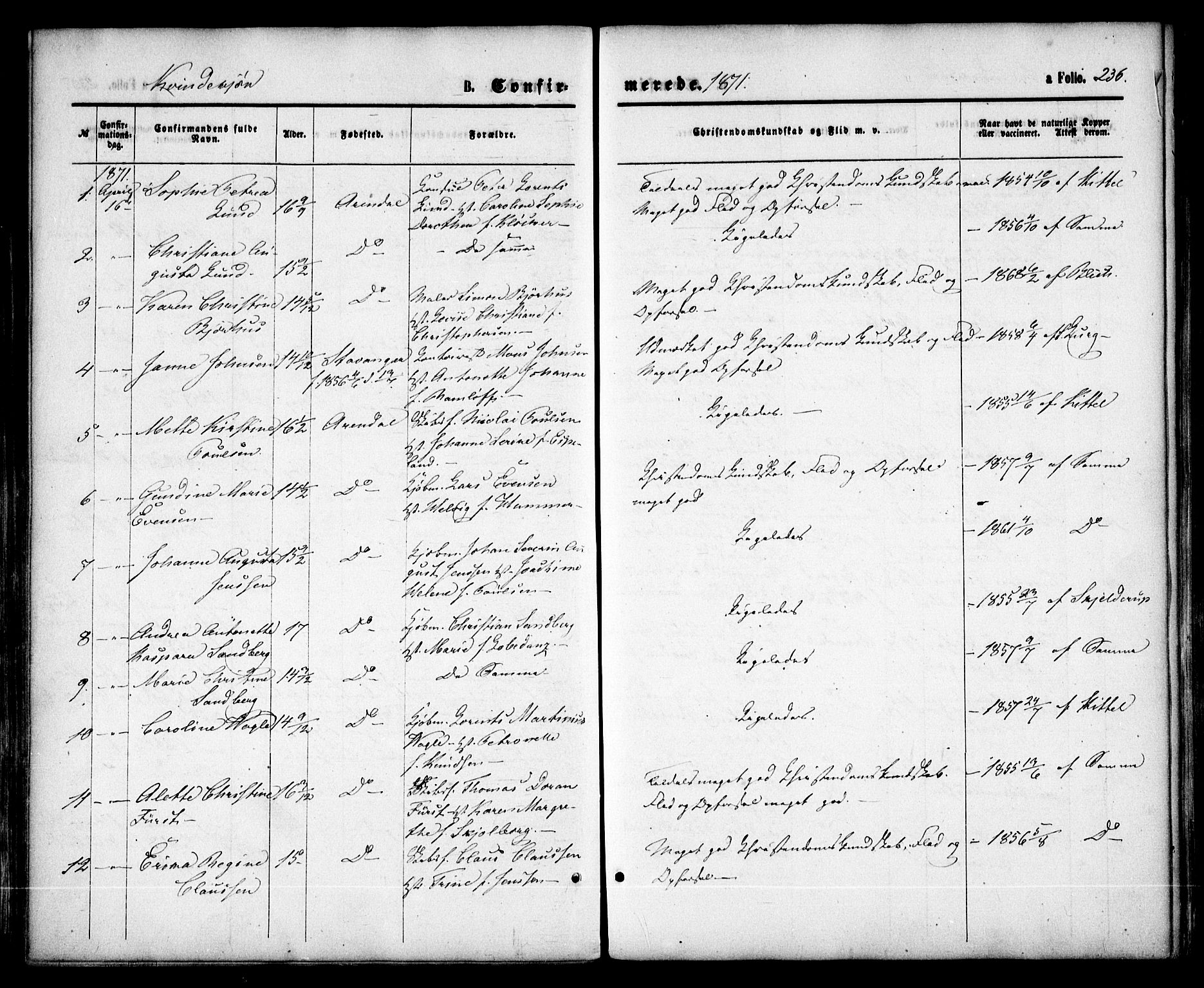 Arendal sokneprestkontor, Trefoldighet, SAK/1111-0040/F/Fa/L0007: Parish register (official) no. A 7, 1868-1878, p. 236