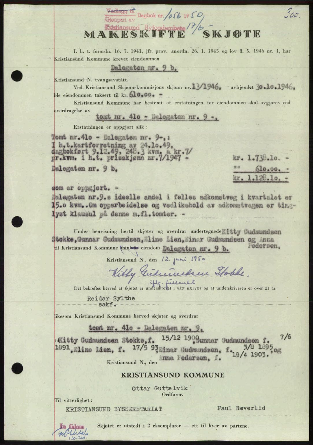 Kristiansund byfogd, AV/SAT-A-4587/A/27: Mortgage book no. 46, 1949-1950, Diary no: : 1056/1950